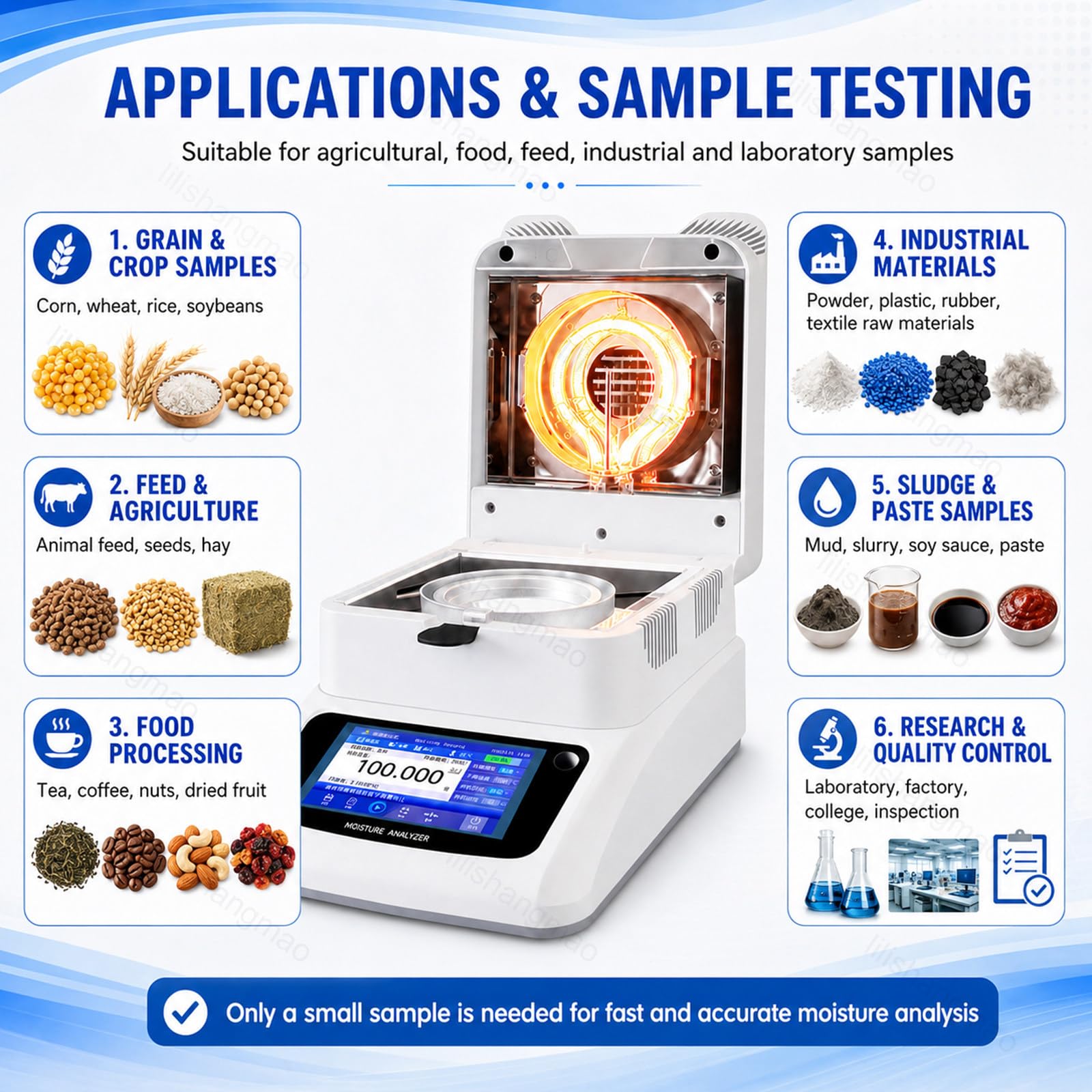 Balanza analizador de humedad, capacidad de 120 g, legibilidad del 0,01%, pantalla táctil de 5 pulgadas, temporizador, interfaz RS-232 para laboratorio y control de calidad