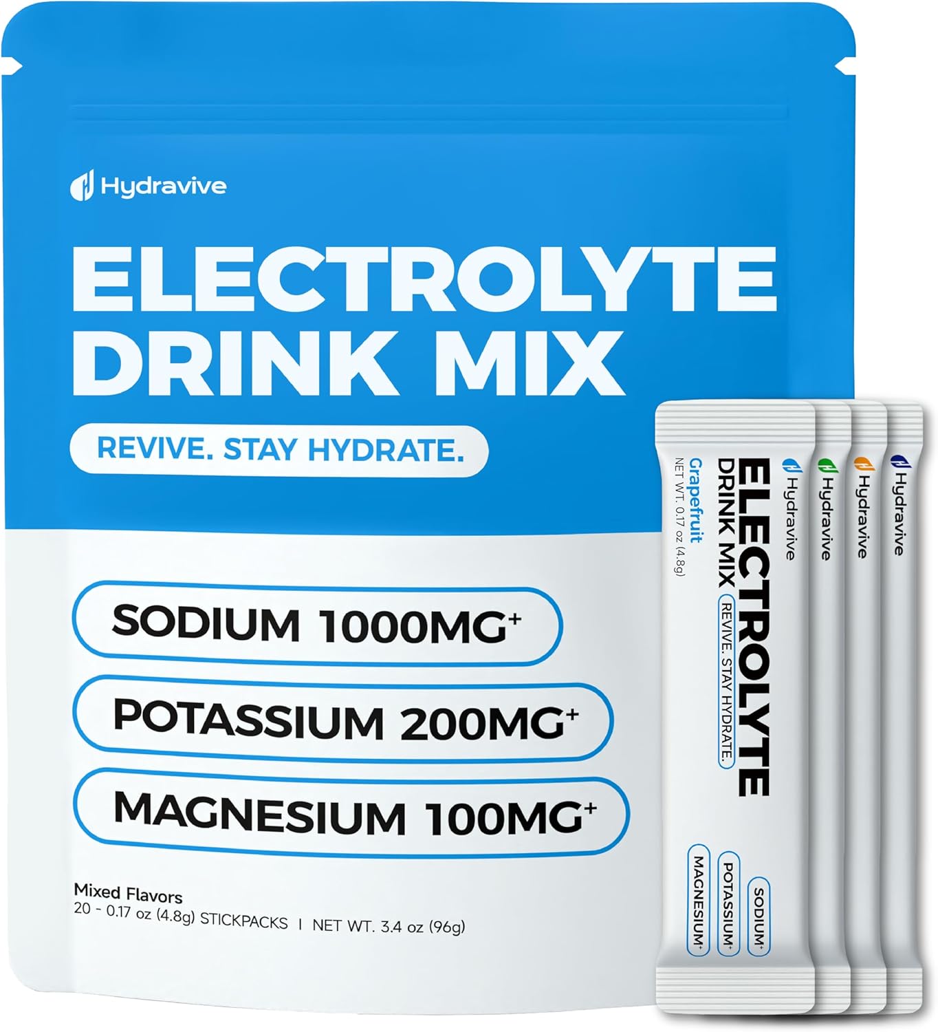 High-Sodium Electrolyte Drink Mix – 1000mg Sodium, 200mg Potassium & 100mg Magnesium| Rapid Rehydration | Non-GMO | Electrolyte Drink Mix - 20 Sticks