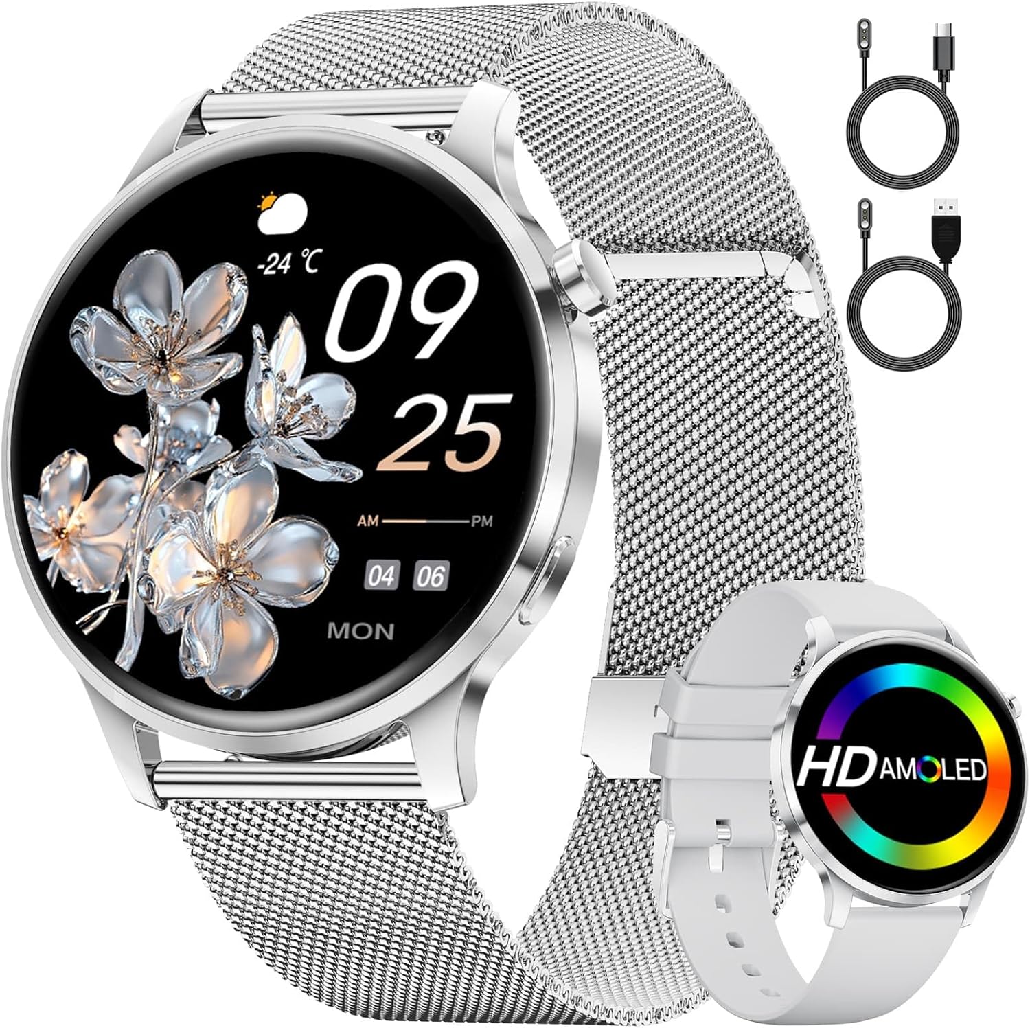 SUNKTA Smart Watch for Women(Answer/Make Calls),1.32" Amoled Display Smart Watch with Heart Rate,Clories Tracker 100+ Sports Modes, DIY Watch Face Women Smartwatch for Android iOS Silver 2 Straps