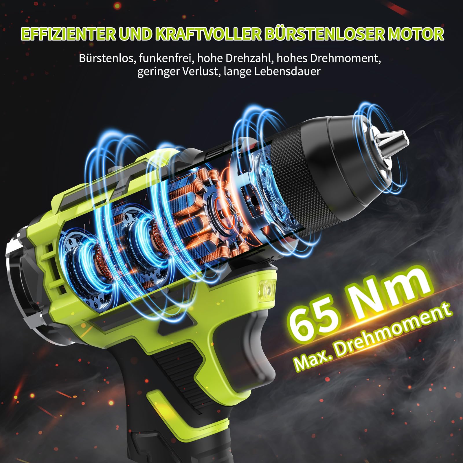 VOERJIA Set avvitatore a batteria, 21 V, trapano a batteria senza spazzole, 2 x 2000 mAh, mandrino 3/8", coppia 20 + 3, trapano max 65 N.m, luci LED e 2 marce, 46