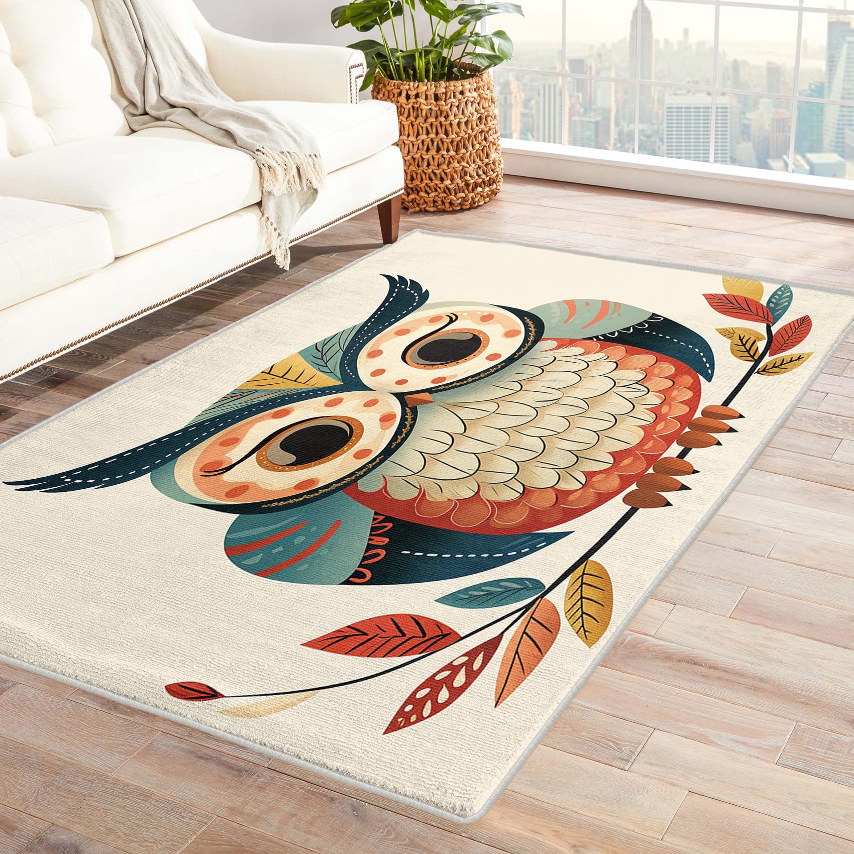 XylQfirus Cute Owl Area Rug Washable 4x6 Rug, Cartoon Bird Rugs for Living Room, Owl Lover Animal Carpet for Bedroom, Low Pile Indoor Soft Flannel