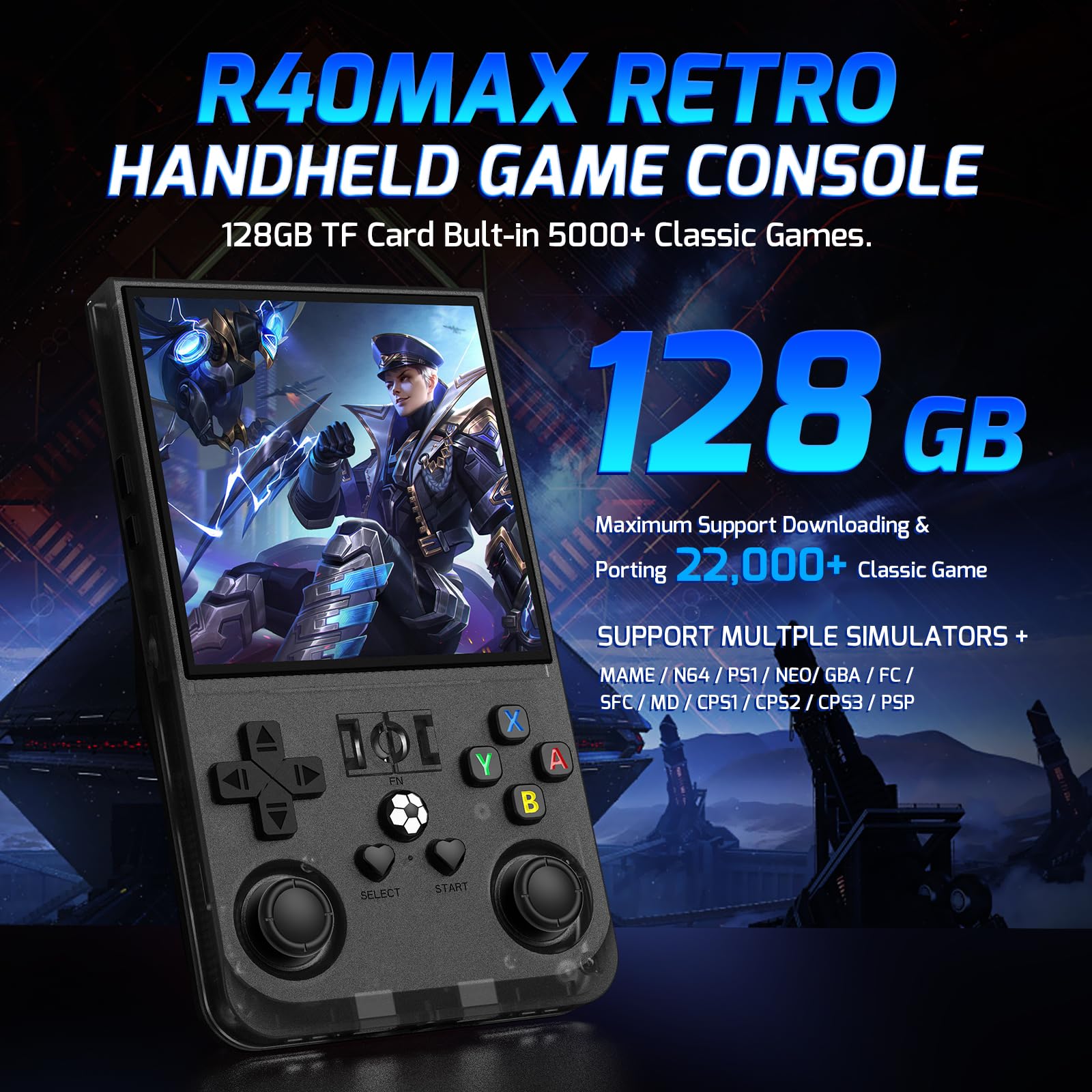 Console di gioco portatile retrò, console per videogiochi con schermo 4K HD IPS da 4 pollici, sistema Linux open source, batteria da 4000 mAh, 64 GB, blu