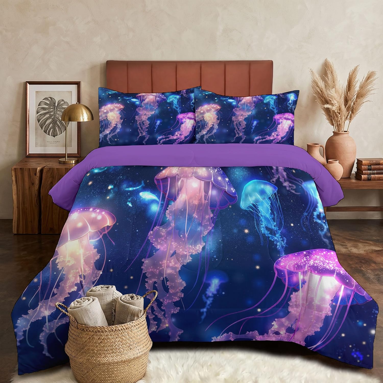 Anime Style Comforter Set Twin Size, Sea Jellyfish Bedding Set for Girls Boys, Purple Quilt Bed 68"X90" Bedding Comforter Sets with 2 Pillowcase Room Decor