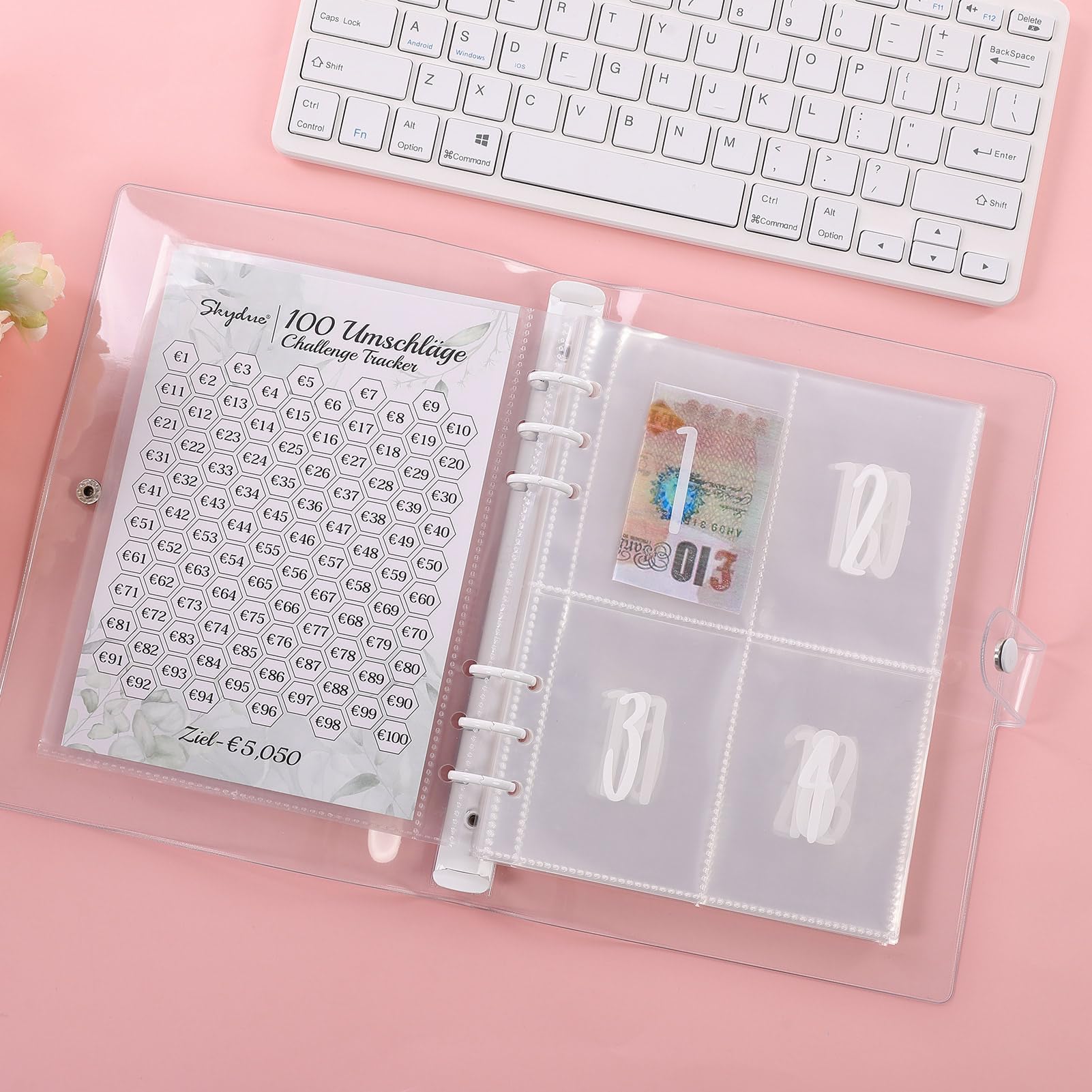 SKYDUE Segregator A5, 100 Envelope Saving Challenge Deutsch, A5 planer budżetowy z lokalizatorem wyzwań i kieszeniami wstępnymi, prosta i zabawna oszczędność pieniędzy, książka oszczędnościowa do