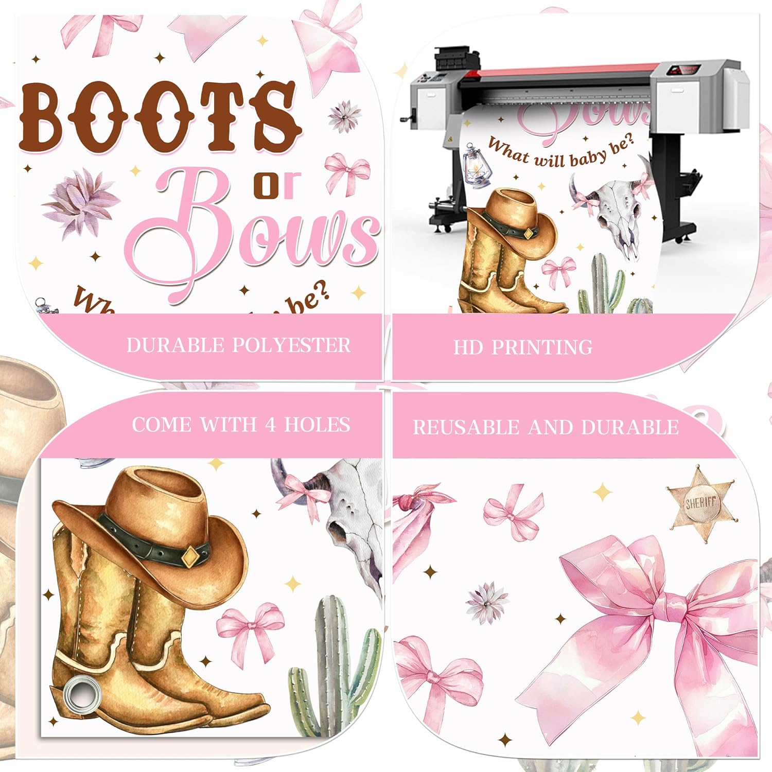 Boots or Bows Gender Reveal Backdrop - Pink Western Cowboy Theme Baby Shower Banner for Gender Announcement Party, Nursery Photography, Cowboy Nursery Decor, What Will Baby Be Photo Prop 35x72 Inch - Image 5