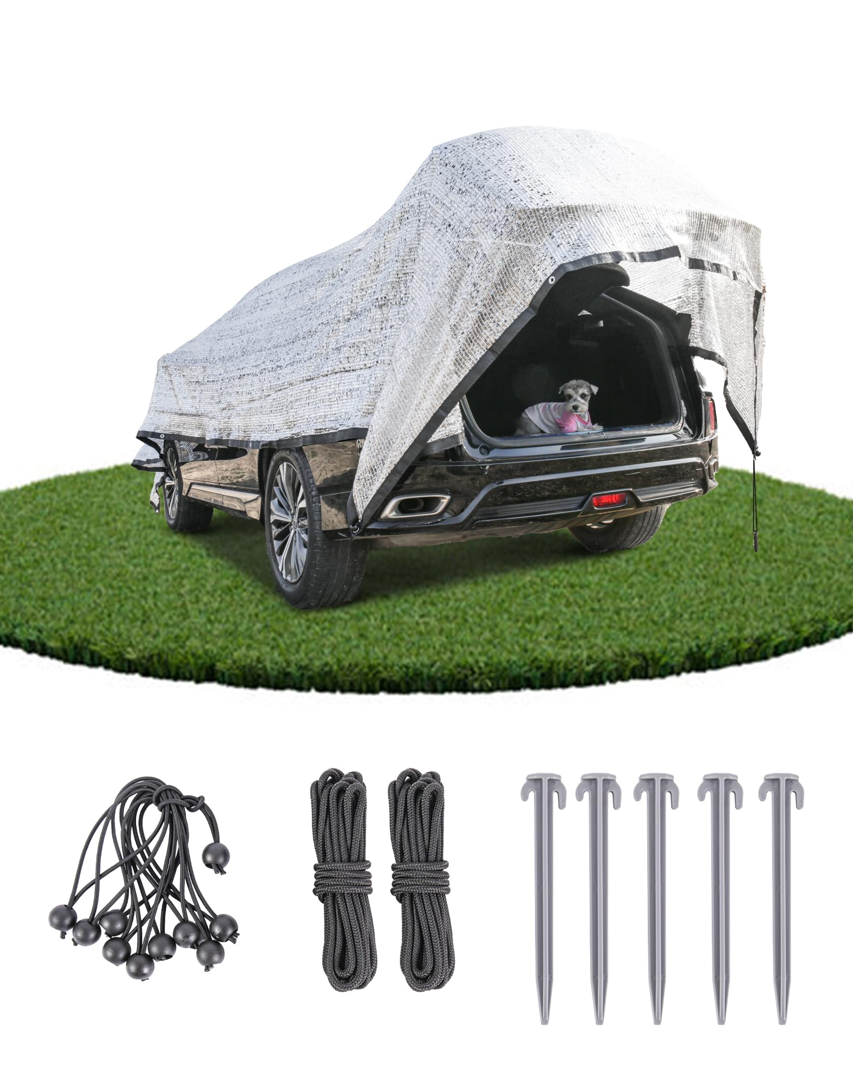 Rete ombreggiante auto per cani, 3 x 4 m, 85% alluminio, protezione solare e UV, adatta per esterni, con cordino elastico, corda di nylon da 5 m, chiodi