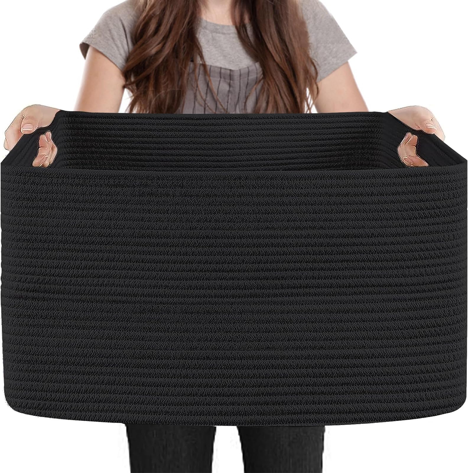 MEGASKET Extra Large Basket for Blankets, 23.6" x 17" x 12" Black Blanket Storage for Living Room, Big Cotton Rope Pillow Holder, Rectangle Kid Dog Toy Bin Box, Woven Laundry Basket, Shoe Bin Entryway