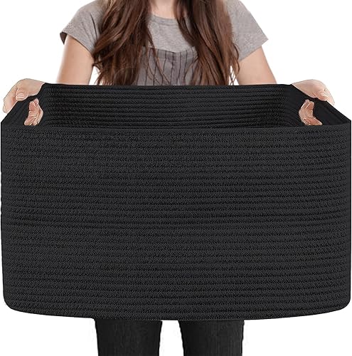 Extra Large Rectangle Storage Basket, 23.6" x 17" x 12" Black Blanket Basket Storage for Living Room, Large Soft Woven Cotton Rope Basket, Kids Toy