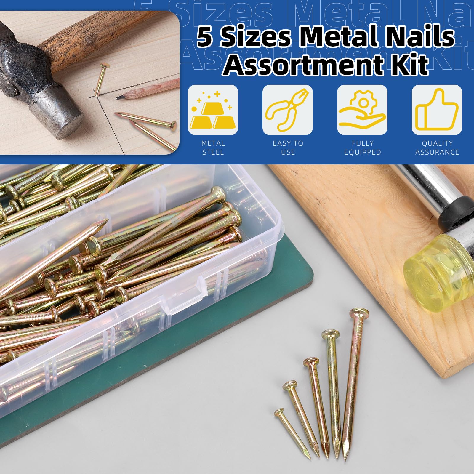 Glarks 300pcs 20/30/40/50/60mm Brick Steel Nails Kit, Colored Zinc Carbon Steel Hardware Nails, Finishing Nails - Image 3