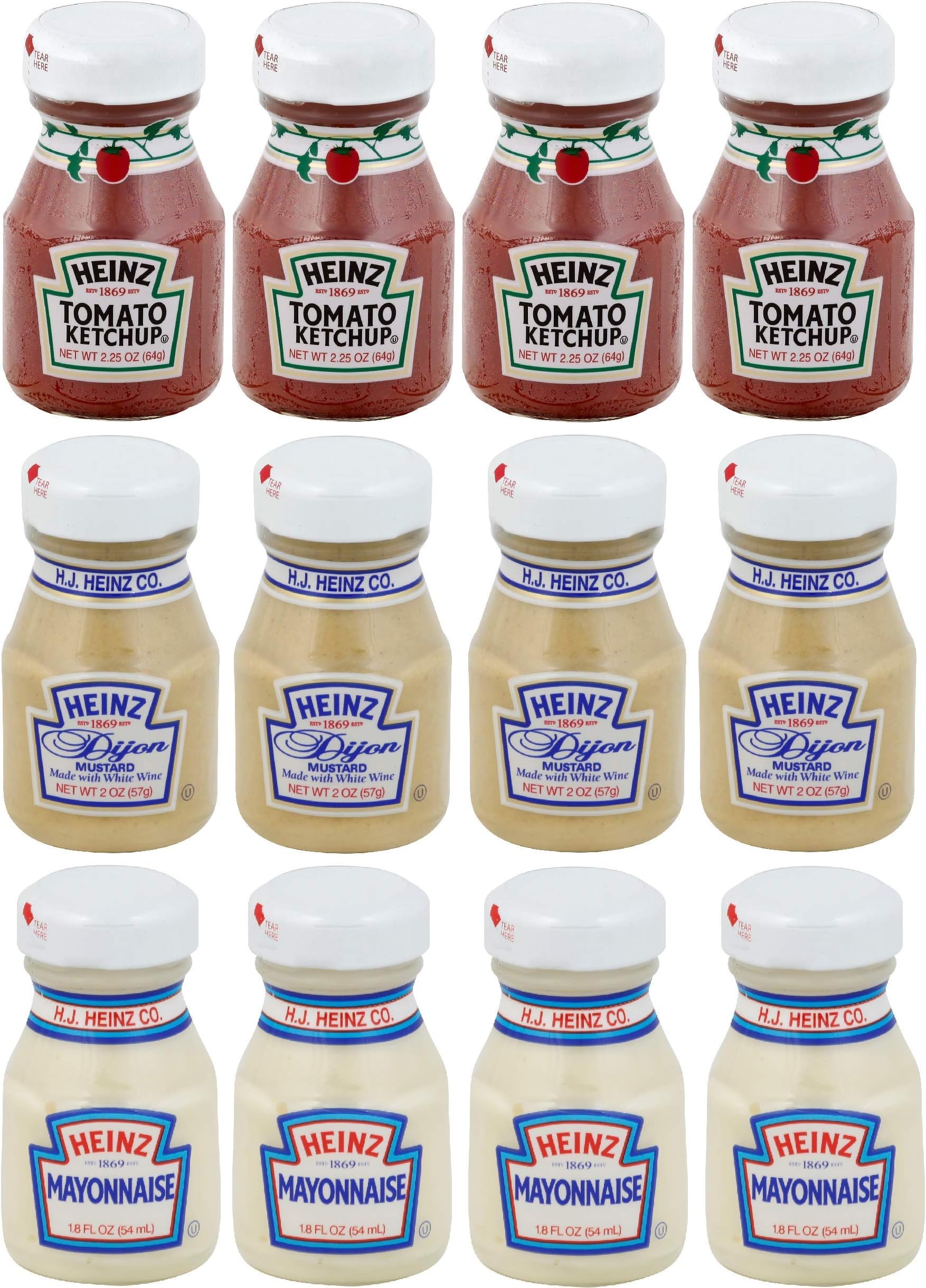 Heinz Glass Condiment Miniatures (Ketchup, Mustard, Mayonnaise), 4 Bottles Each (Pack of 12)