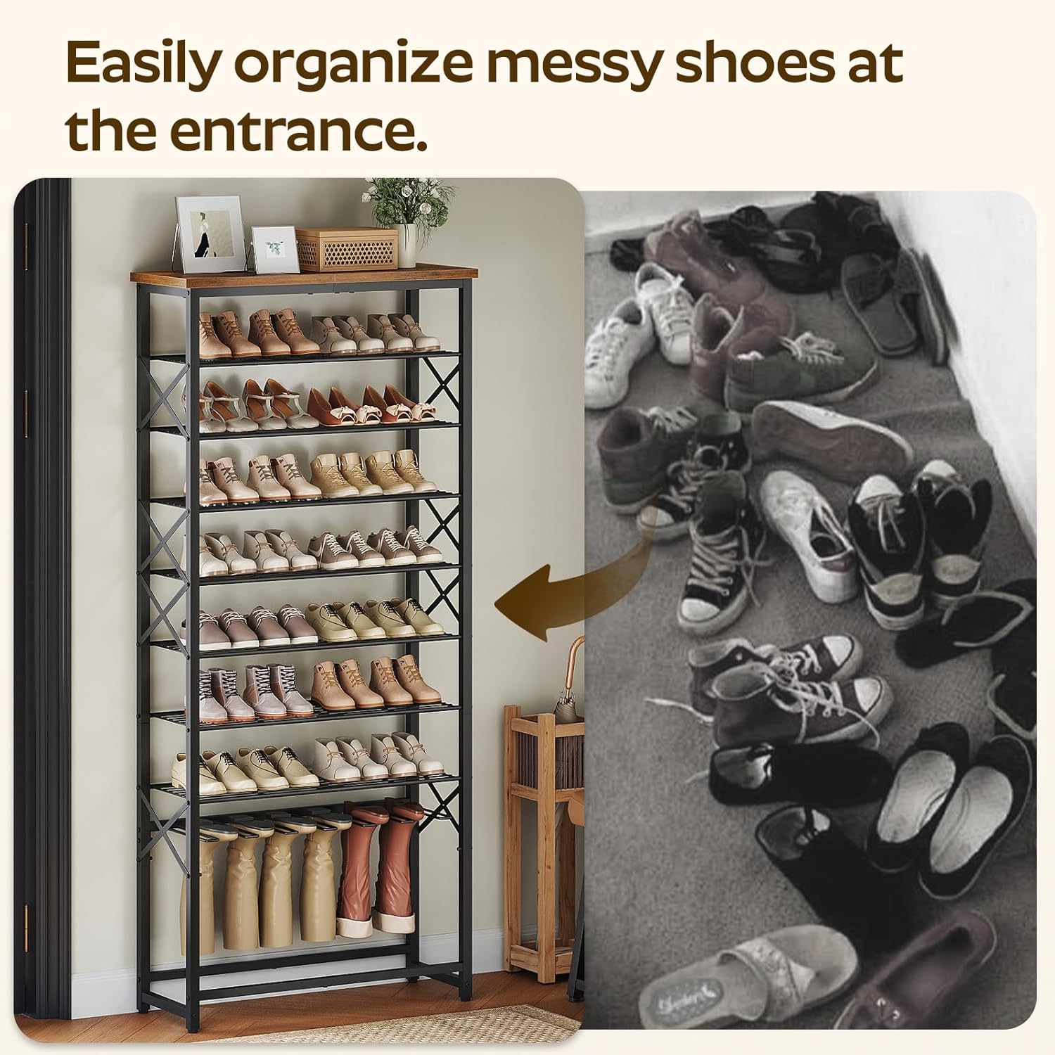 10-Tier Tall Shoe Rack for Entryway, Large Capacity Shoe Storage Organizer with Boot Storage, Freestanding Shoes Shelf Holds 35 Pairs of Shoes, Space Saving, Black and Rustic Brown SS19BR