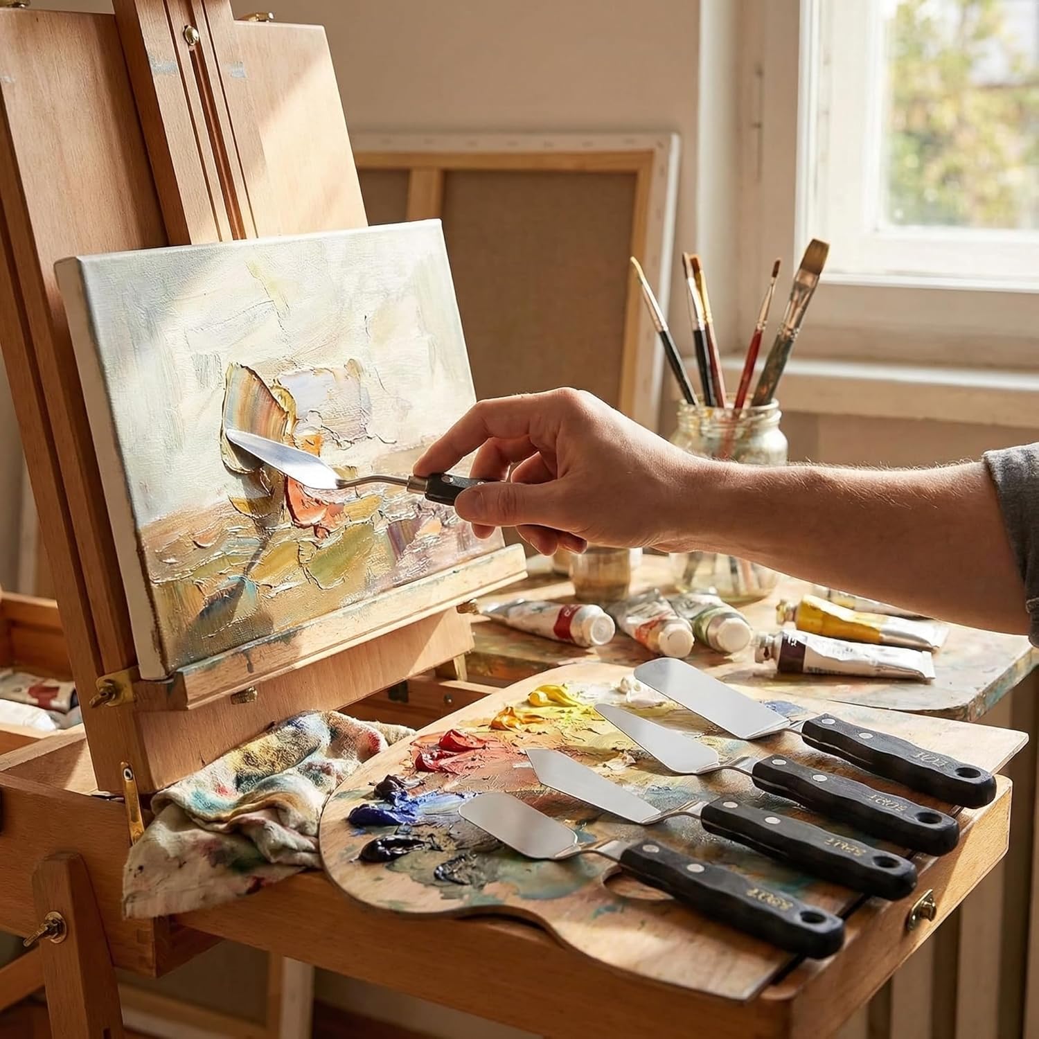 Palette Knife Set, 5Pcs Stainless Steel Spatula Palette Knife with Wooden Handle for Oil Painting Acrylic Paint MixingPalette Knives