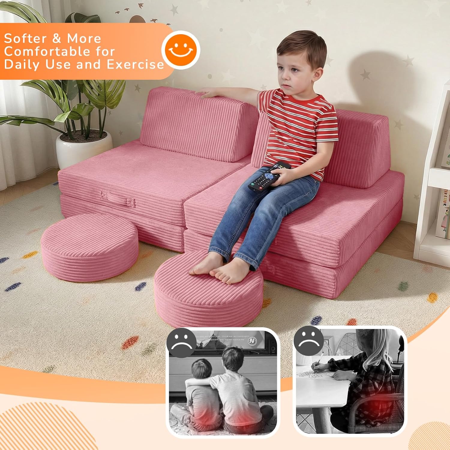 MeMoreCool Kids Couch for Playroom, Corduroy Convertible Toddler Couch, 8 Piece Modular Play Sofa, Foam Fort Building Set for Child Room Furniture, Pink
