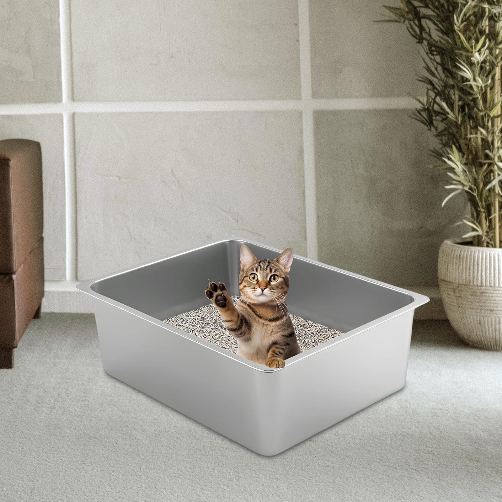 Katzenstreu Schale Offene Katzentoilette Metallschale mit Hohen Seiten Spritzschutz Funktion Siefendeckel Zweck rutschfest für Katzen Kaninchen Hamste, 45cmx35cmx15cm