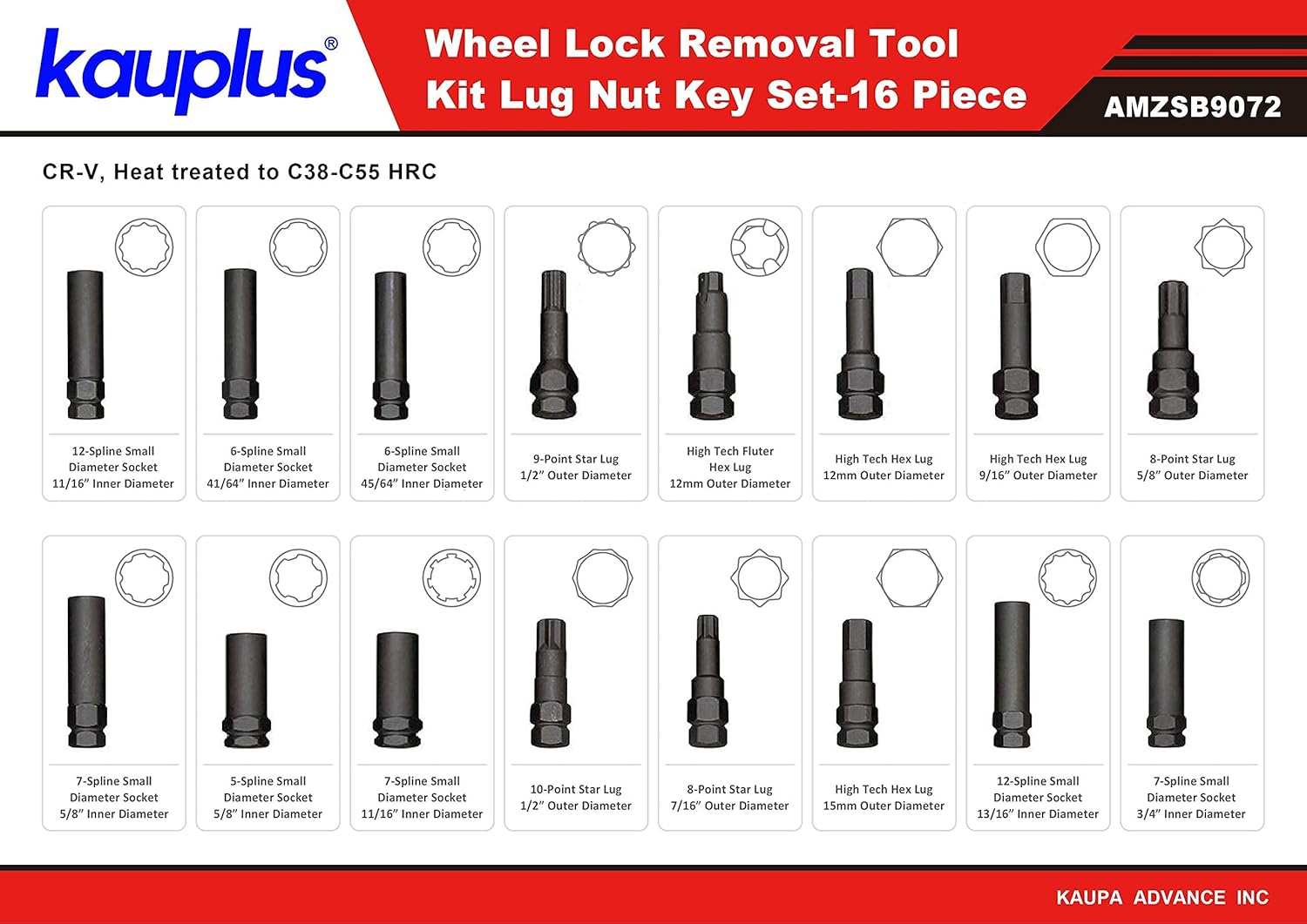 16PCS Master Wheel Locking Lug Key Set, Wheel Lock Removal Kit