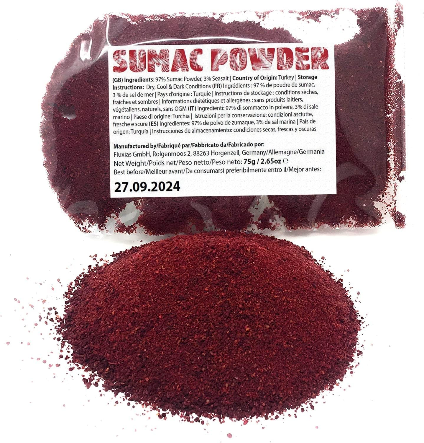 Premium Sumac Powder - Powdered Sumac Berries | Net Weight: 2.64oz / 75g | Substitute for lemon or lime - lovely, purple color and a tart flavor that is reminiscent of lemon and vinegar