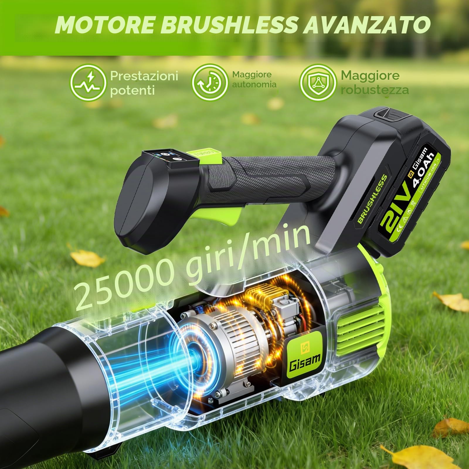 Soffiatore a Batteria, Gisam Soffiatore Elettrico Senza Spazzole con 2x4.0Ah Batterie, Soffiatore Foglie 2 Velocità+Turbo Modalità Max 25000RPM, Volume d'aria 750m³/h per Giardino