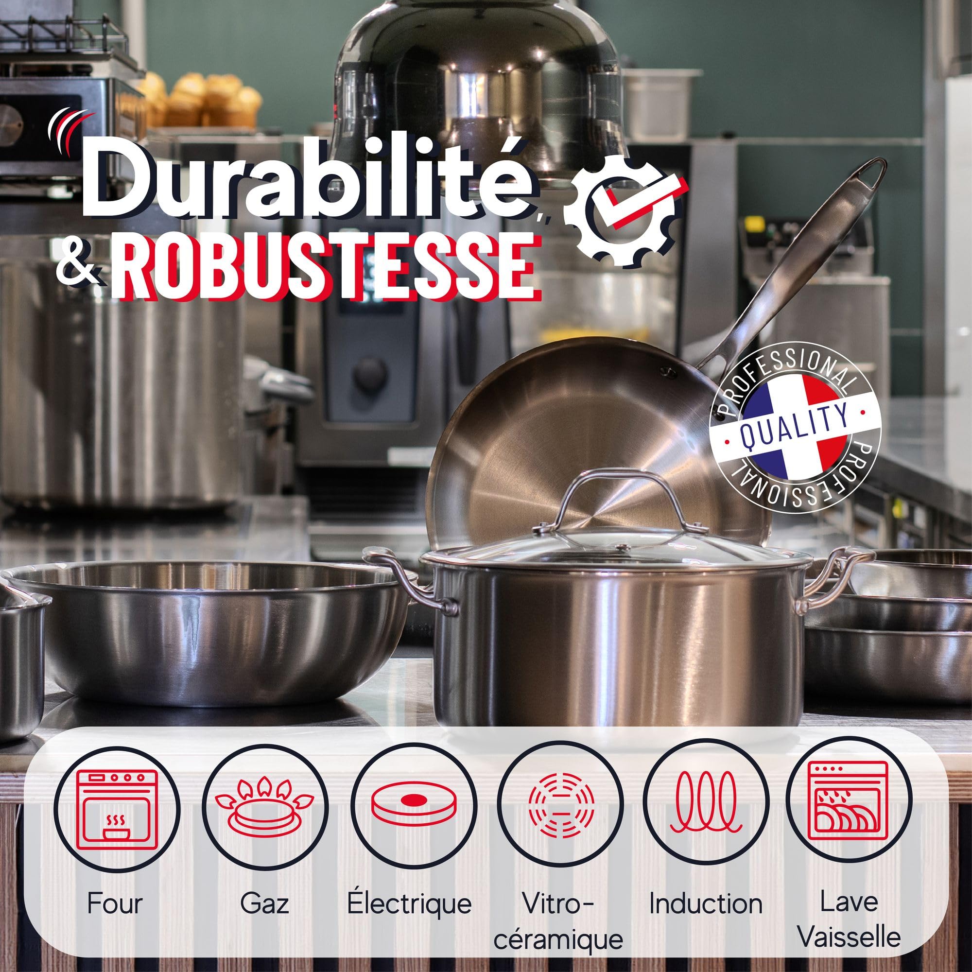 MENASTYL - Wok inox 18/10 Triply 28cm tous feux dont induction fabriqué en France - sans PFAS ni substances nocives - Compatible lave-vaisselle - Poignée rivetée - 6020492
