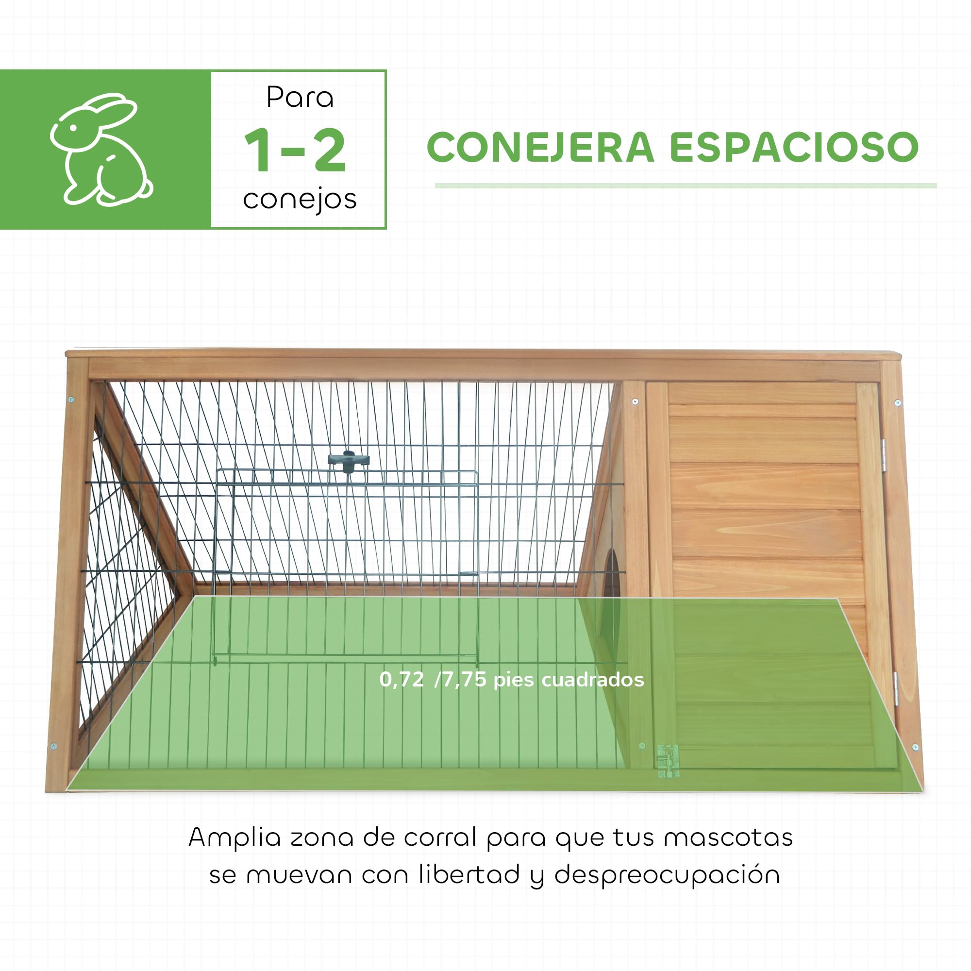 PawHut Conejera de Madera 116x62,2x52,5 cm, Jaula para Conejos Triangular con Rejilla Metálica y Puertas, Madera Natural