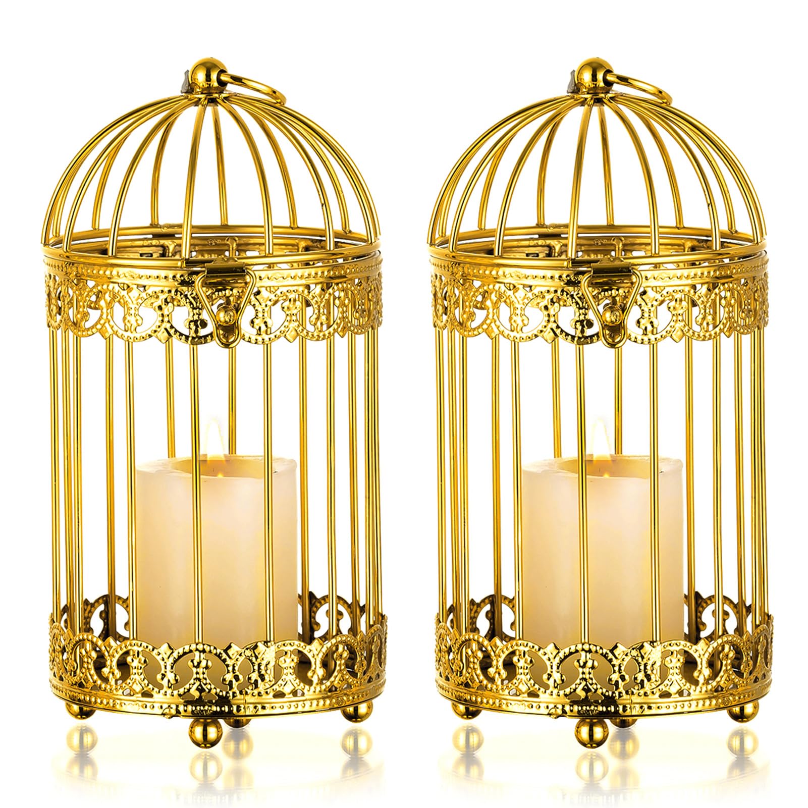 NUPTIO Candle Holders for Pillar Candles: 2 Set of 7.7 inch H Gold Bird Cages Lantern Wedding Centerpiece Small Metal Hanging Birdcage Pillars Holder for Bridal Shower Party Table Decorations