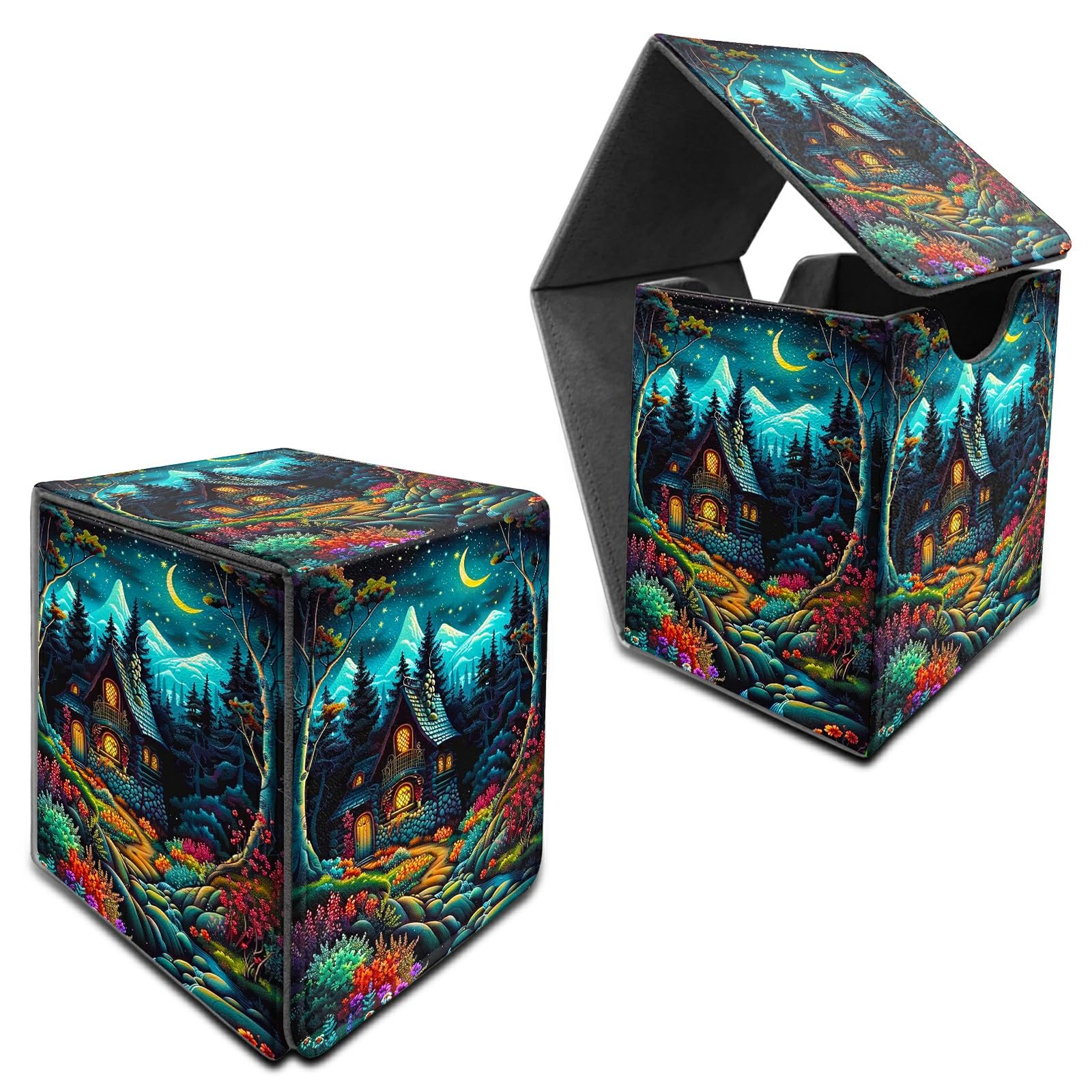 RWUTYTIUL for MTG Commander Deck Box, Card Storage Box Fits 100+ Sleeved Cards, PU Leather Large Size Strong Magnet Card Deck Case Holder for Board Game Magic MTG TCG CCG, Creek Chateau — image 1