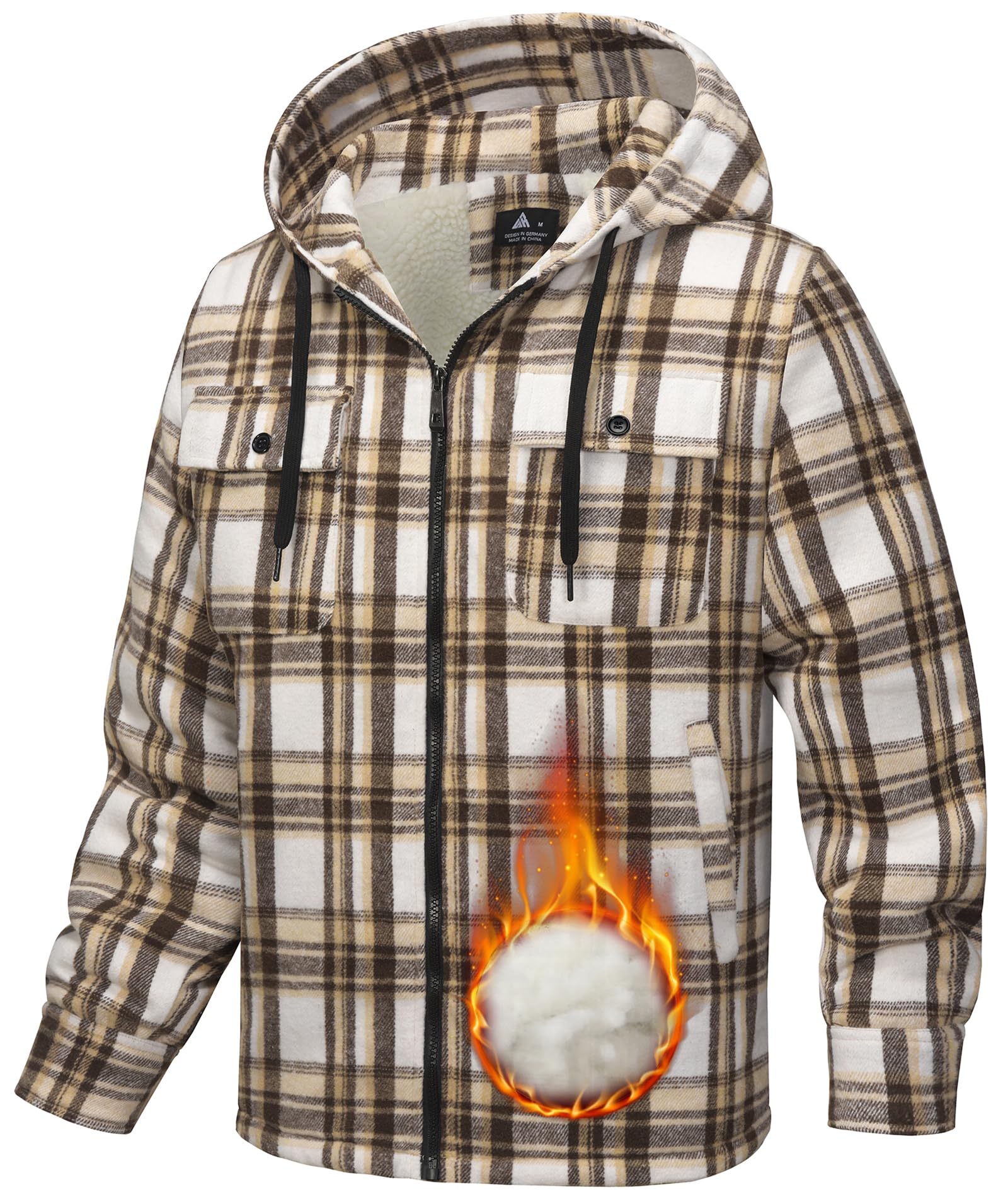 Abrigo de invierno para hombre, de franela, a cuadros, forro polar, sherpa, cremallera completa, sudadera cálida