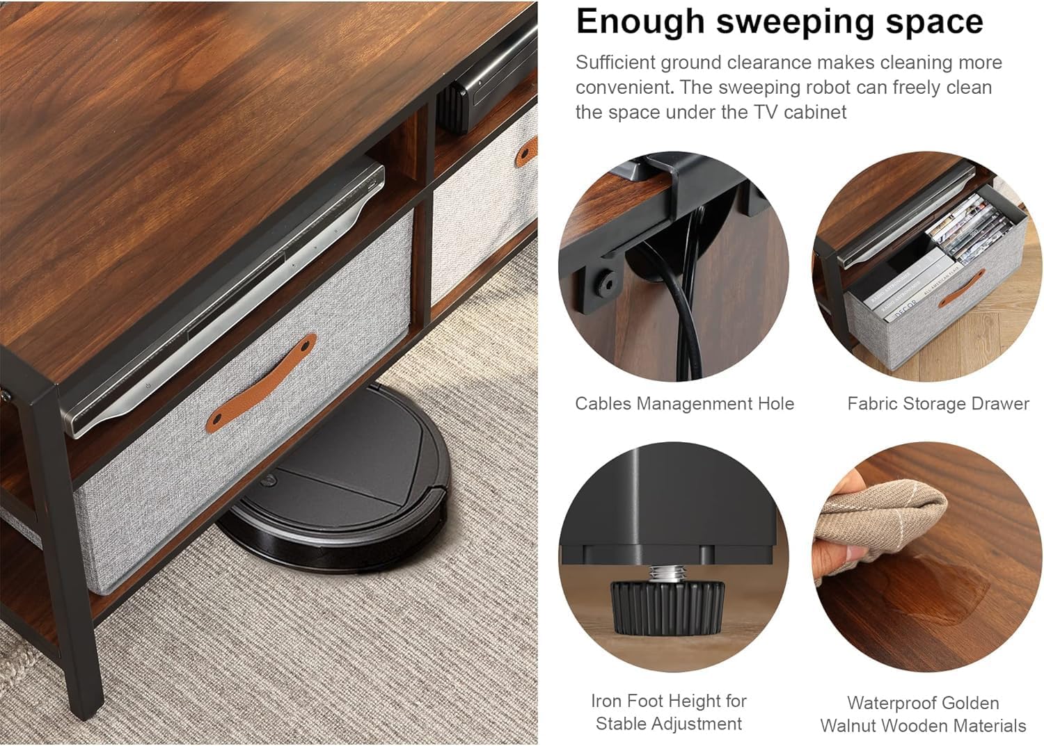 FITUEYES No Drill Swivel TV Stand with Mount for 37-75 Inch TVs up to 88lbs, Entertainment Center with Storage, TV Console with Removable Fabric Drawers, Height Adjustable, Max VESA 400x600mm, Walnut