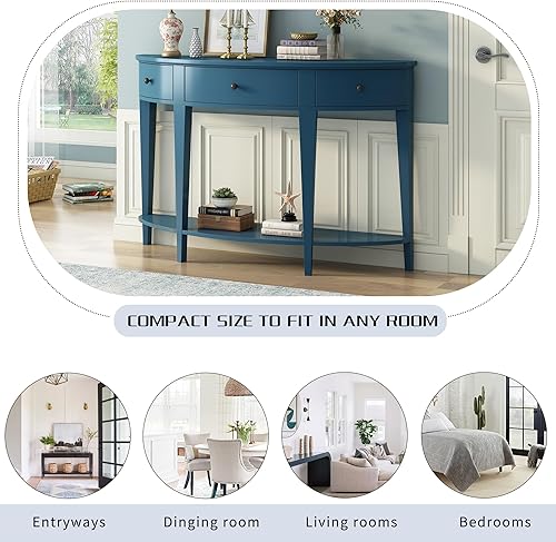 Miniatura 48 de Polibi Mesa consola curvada retro con estante de estilo abierto y 4 cajones superiores, mesa de entrada de media luna de 52 pulgadas de ancho con