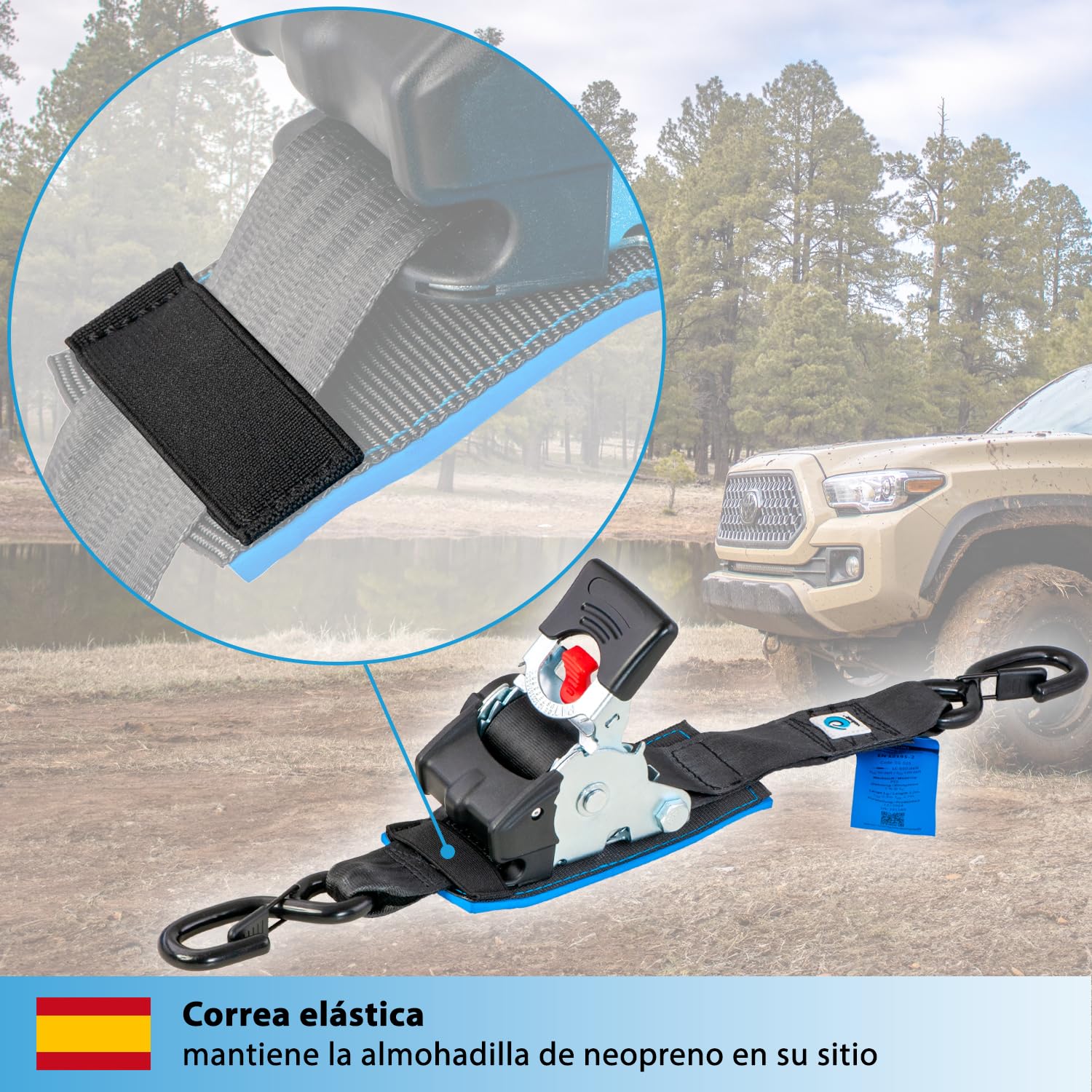 valonic Tanuki - 2X 3m XXL eslingas automáticas con carraca y Gancho, 50mm, 650/1300 Kg, Acolchado, EN-12195-2 - cinchas de Amarre con trinquete, para Sup Board o Moto, Negro