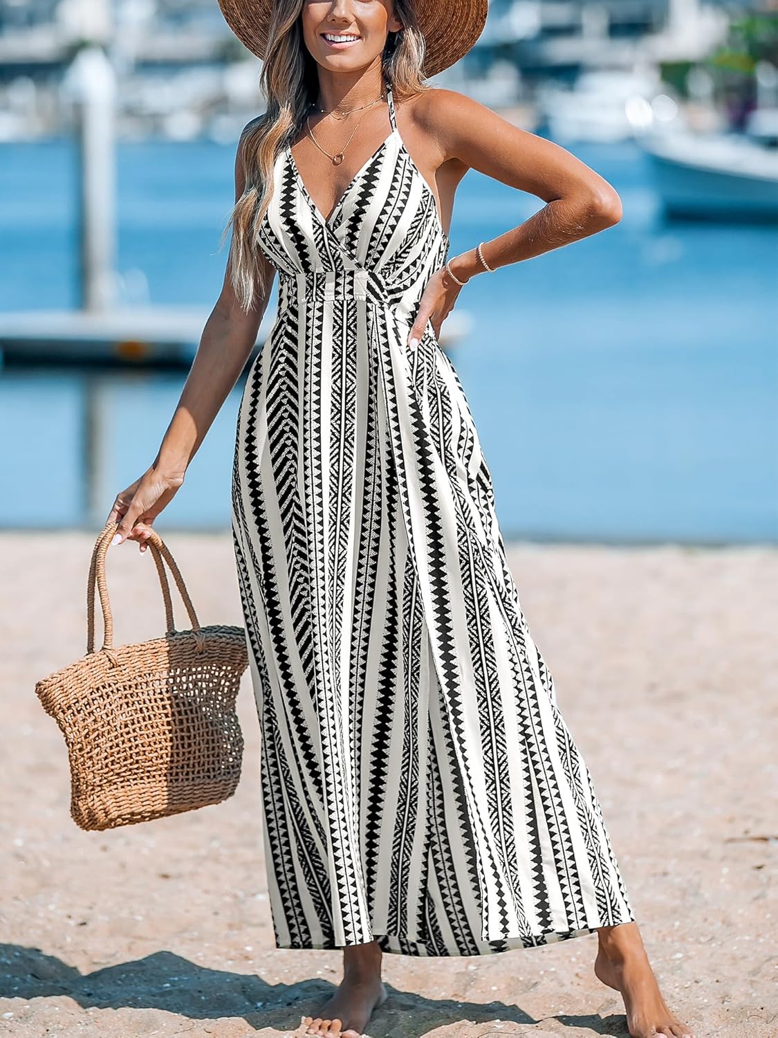 CUPSHE Women Halter Backless Summer Dresses Spaghetti Strap Side Slit Casual Beach Sundress Holiday Vacation Maxi Dress - Image 4