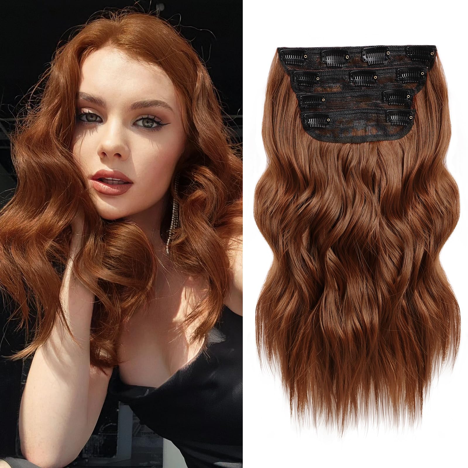 NAYOO 4PCS Clip in Hair Extensions Long Wavy Curly Synthetic Thick Hairpieces Auburn for Women with Fiber Double Weft Hair Full Head（16 Inch, Auburn）