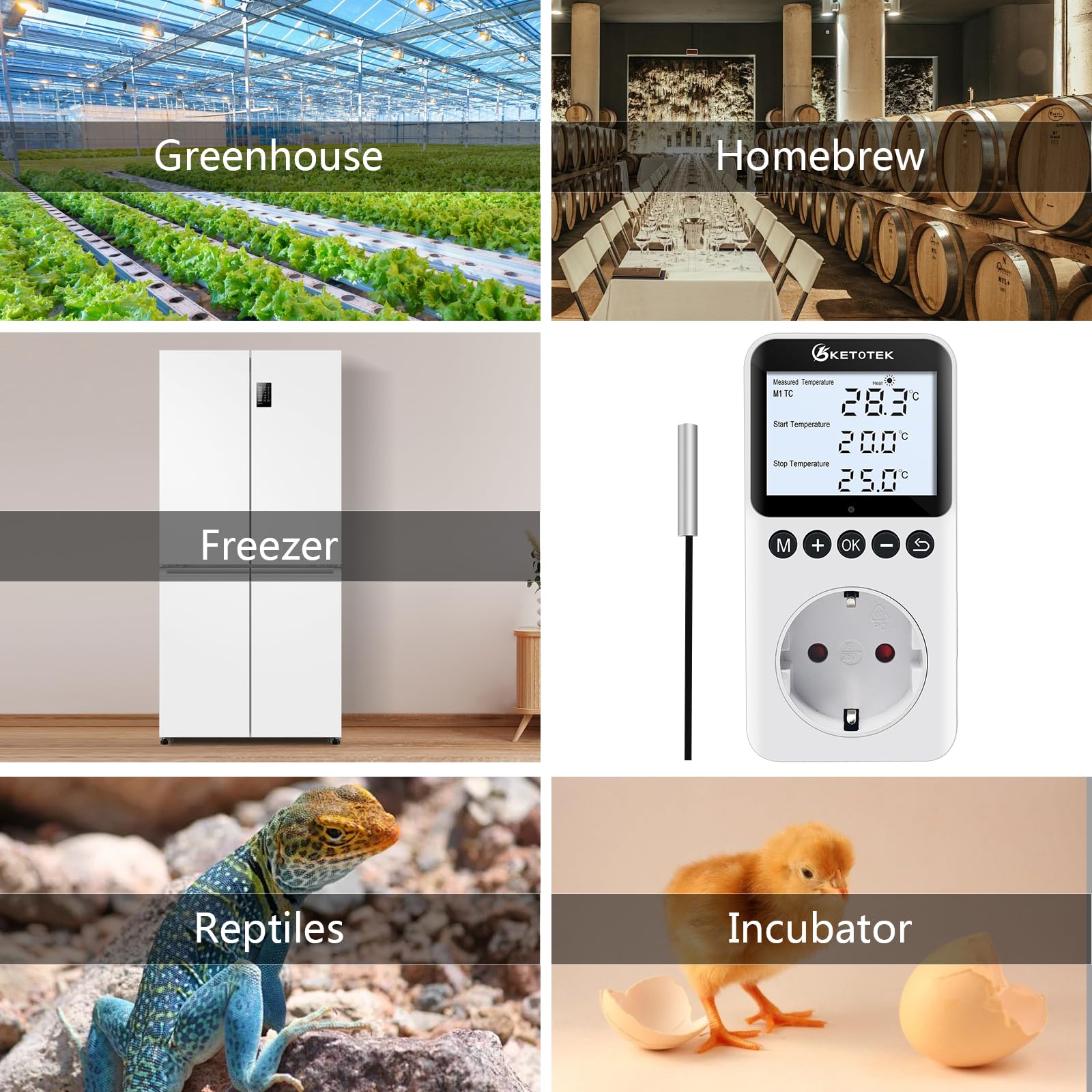 KETOTEK Prise Thermostat Jour/Nuit avec Rétro-éclairage, Régulateur de Température Numérique 220V avec Minuterie, Sonde de 3 Mètres, pour Reptile Terrarium Incubateur
