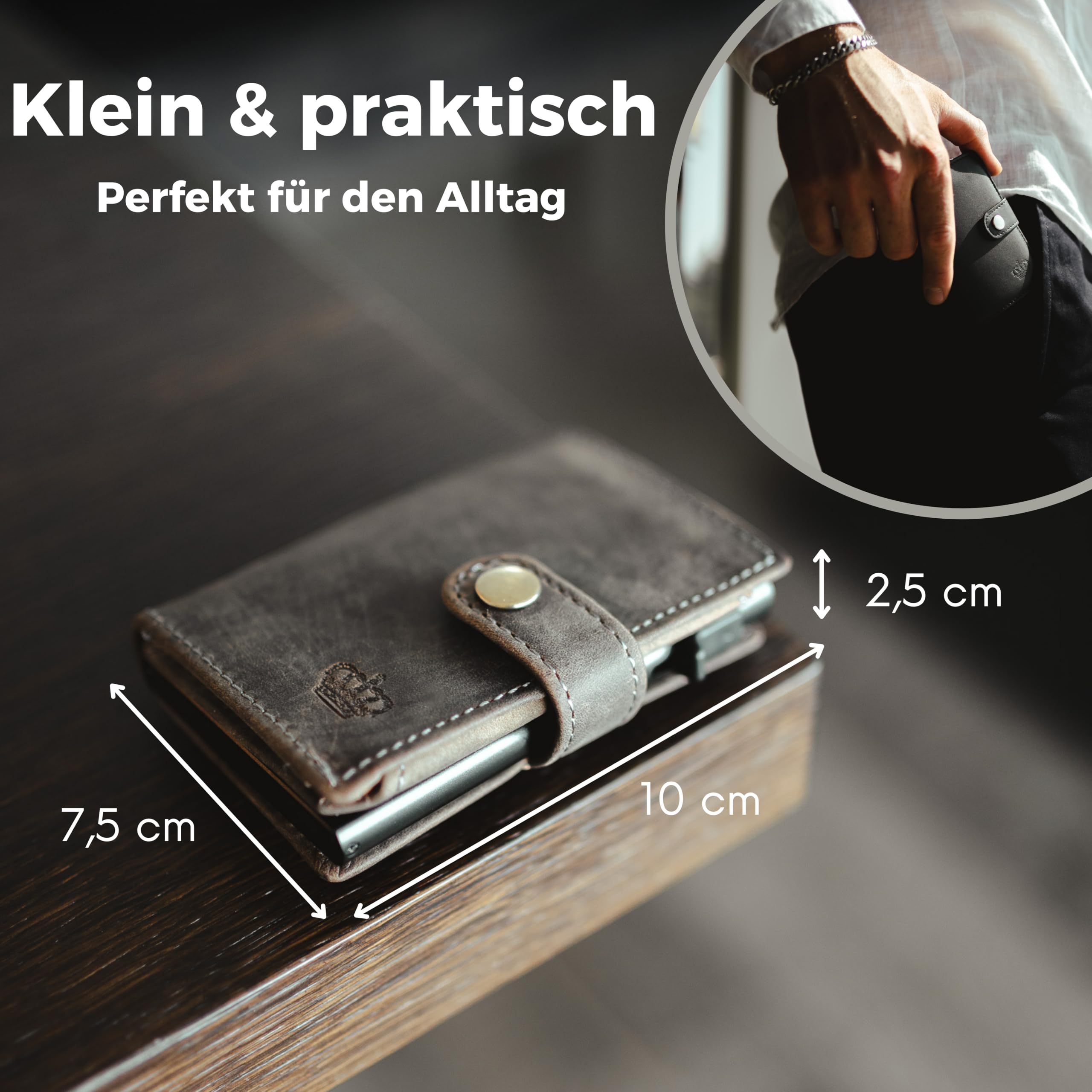 Baur Slim Wallet aus echtem Leder – Kreditkartenetui mit Aluminium Pop-Up Case & RFID-Schutz – Kleine Geldbörse für Herren mit Münzfach – Smart Wallet (Münzfach mit Reißverschluss, Büffelleder Grau)