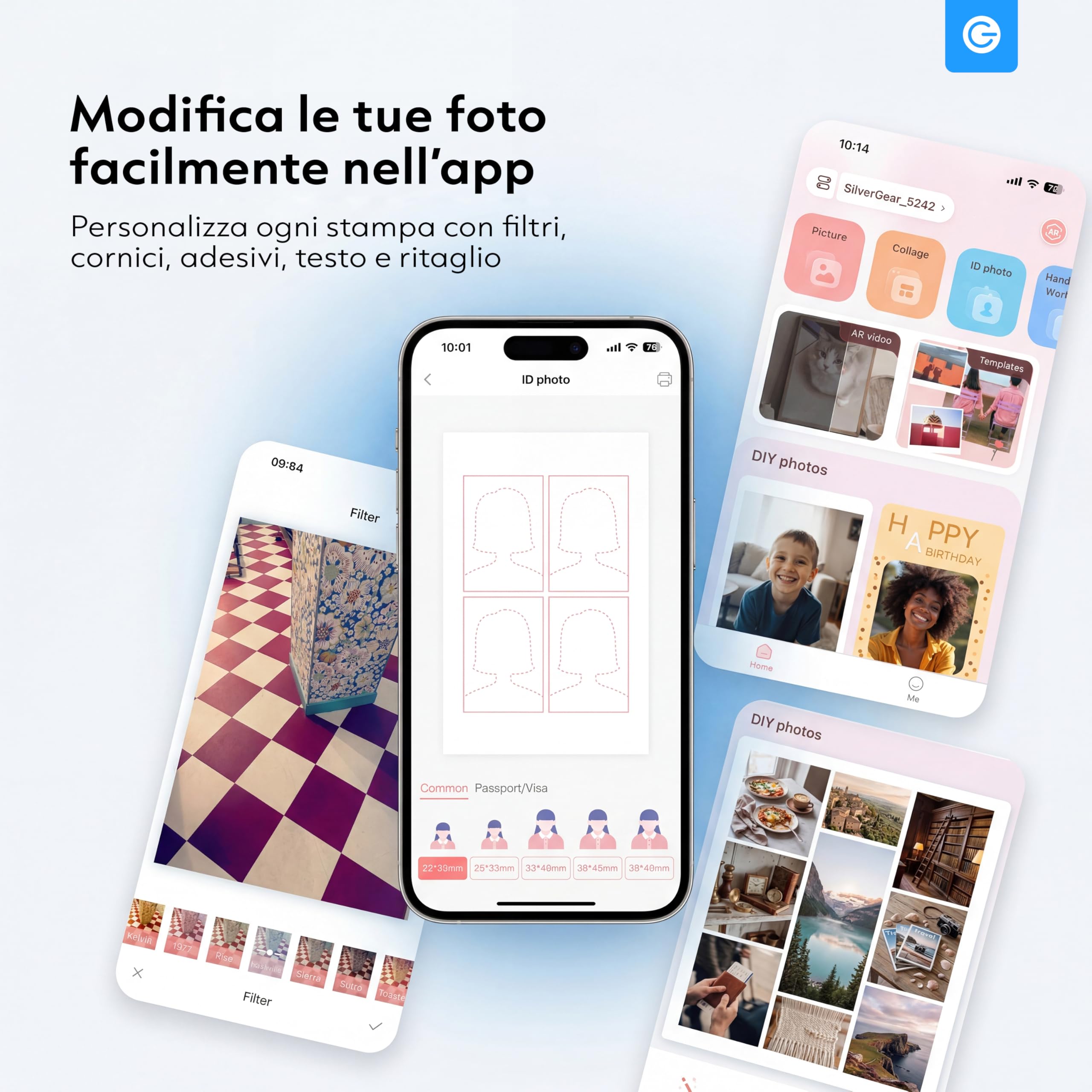 Silvergear® Stampante fotografica per smartphone, mini stampante Bluetooth con app, iOS e Android, stampante istantanea da 300 dpi, sublimazione a colori a 4 pass, matrimonio e journaling, con fogli