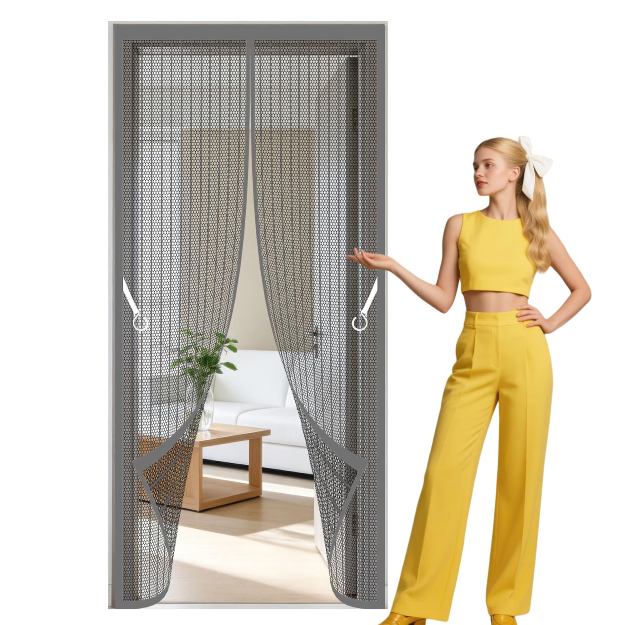 Magnetic Door Screen 89 x 243 cm Self Sealing, Hands Free Insect Protection Screen Powerful Magnets and Full Frame Magic Tape for Living Room, Bedroom, Patio, Grey