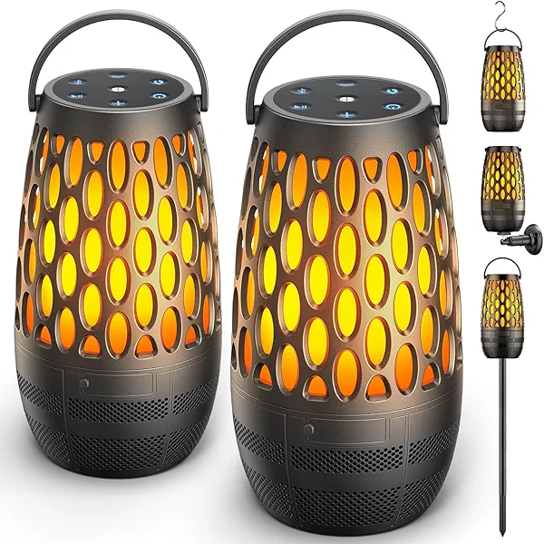 Outdoor Speakers Bluetooth Waterproof IPX6 with Flame Lights, Gadget Gifts for Dad Her Him, Hd Stereo Sound, BT 5.3 Multi-Sync to 100 Speakers, Portable Wireless Speaker for Patio Cafe Decor Party