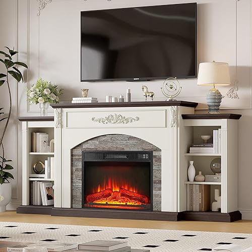 72" Electric Fireplace with Mantel, White TV Stand for TVs Up to 80 Inch, Farmhouse Entertainment Center with Storage for Bedroom,23'' Fireplace Insert Heater for Living Room