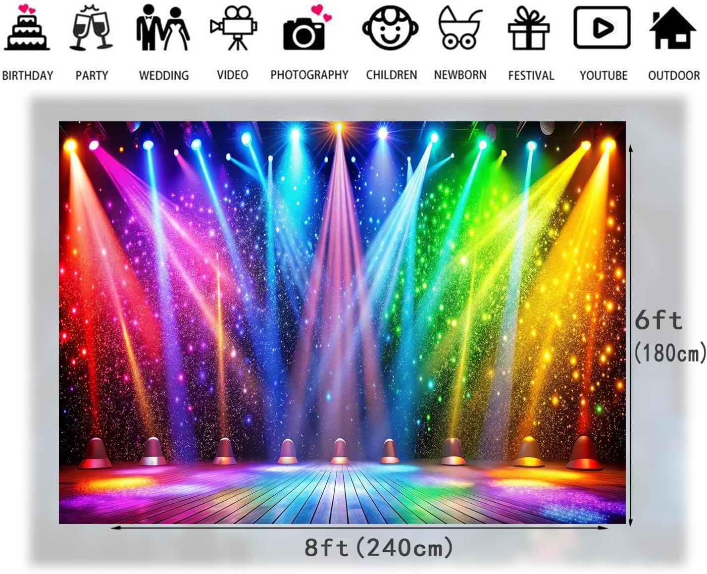 8x6ft Fabric Disco Rainbow Stage 70s 80s 90s Backdrop Vintage Lights Photography Background Rock Music Club Neon Glow Party Decorations Photo Banner 312