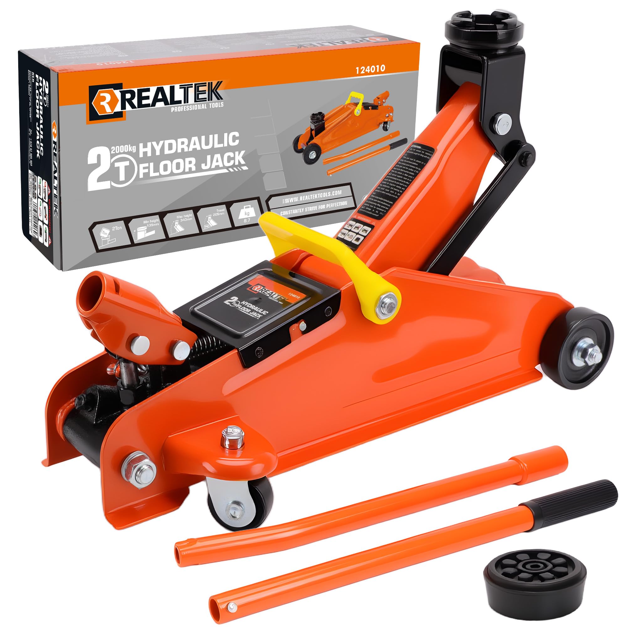 REALTEK Cric hydraulique 2 tonnes, Hauteur de Levage 135-340 mm | Cric pour voiture avec patins en caoutchouc, Plat, roues à 360°