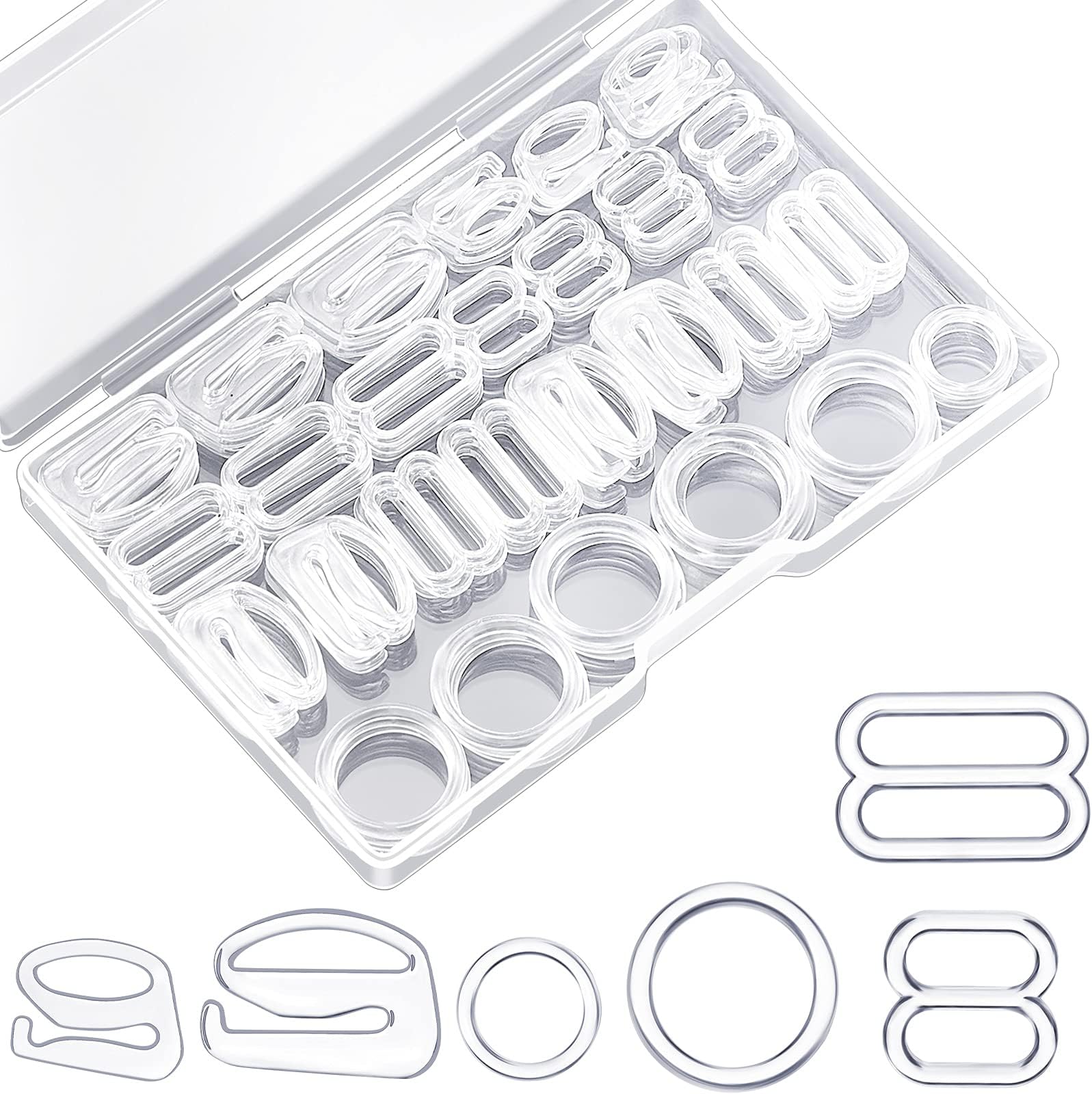 WILLBOND 240 Pcs Swimsuit Bra Strap Hooks Bra Strap Slide Rings Replacement Slider for Swimsuit Tops and Lingerie, 3 Styles, 2 Sizes