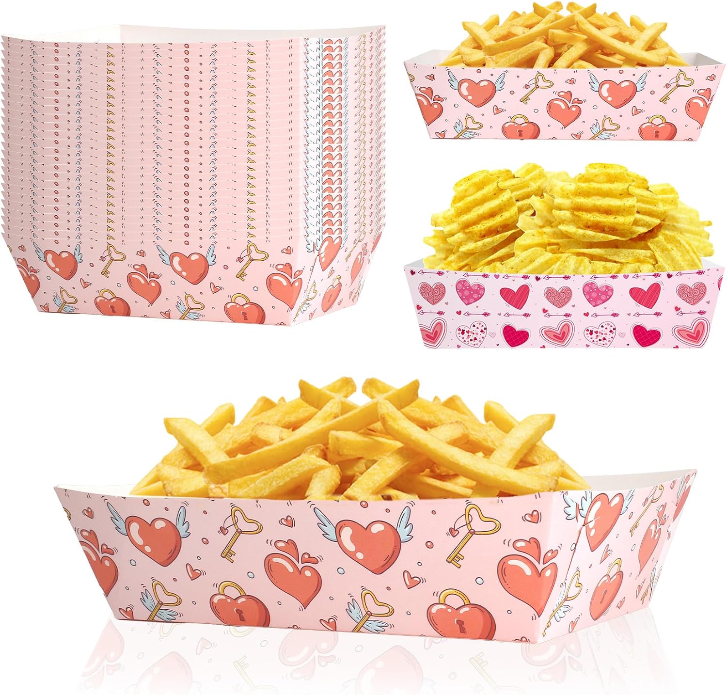 24 Pcs Pink Heart Paper Food Trays Birthday Valentine's Day Party Supplies Food Boats Snack Paper Trays Disposable Serving Tray for Hot Dog French Fry Holder Birthday Party Decorations Favors