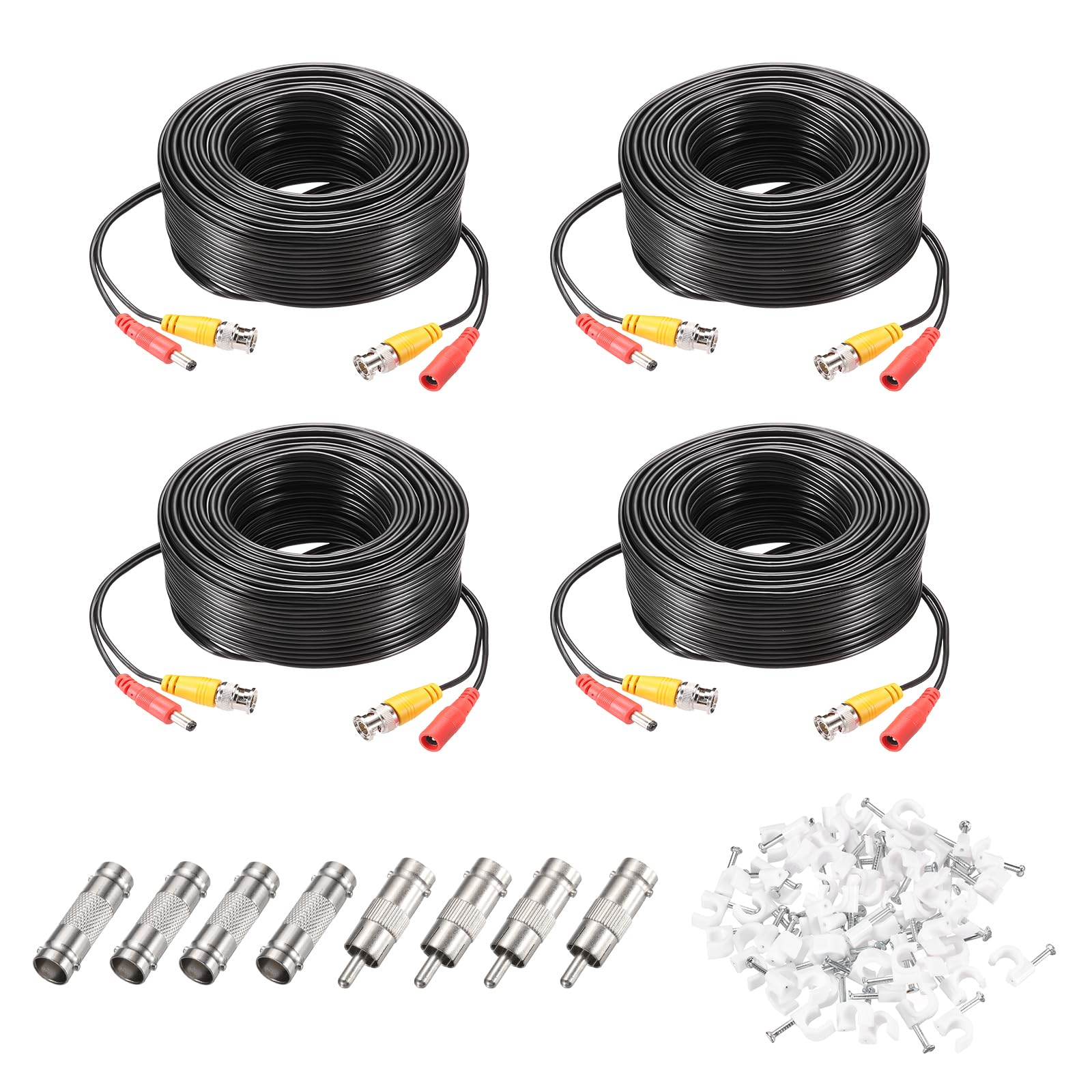 sourcing map BNC Video Power Cable,20m/66ft All-in-One Security Camera Wire Cord DC Extension Wire for CCTV Security DVR Camera System Installation Plug & Play Cord,4 Set Black