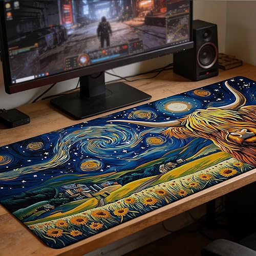 Miniatura 7 de Highland Cow Starry Night - Alfombrilla de mouse grande para escritorio, teclado extendido, alfombrilla de mouse de anime con base antideslizante y