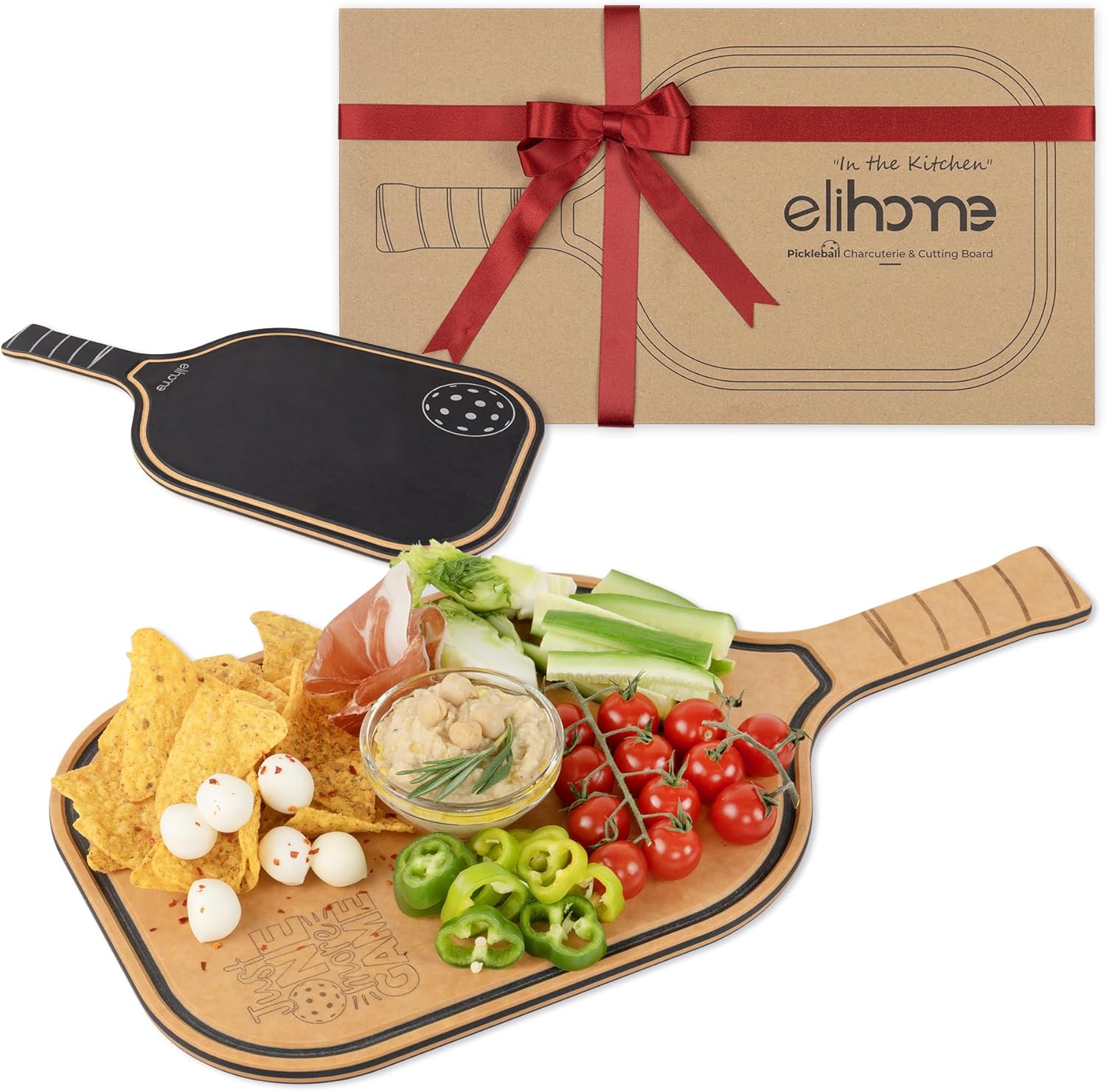 Elihome Pickleball Charcuterie & Cutting Board, Pickleball Gifts for Women Men, Wood Fiber 16 x 8.5, Paddle Shape with Handle, Dishwasher Safe, Reversible Design, Juice Groove "Just One More Game"