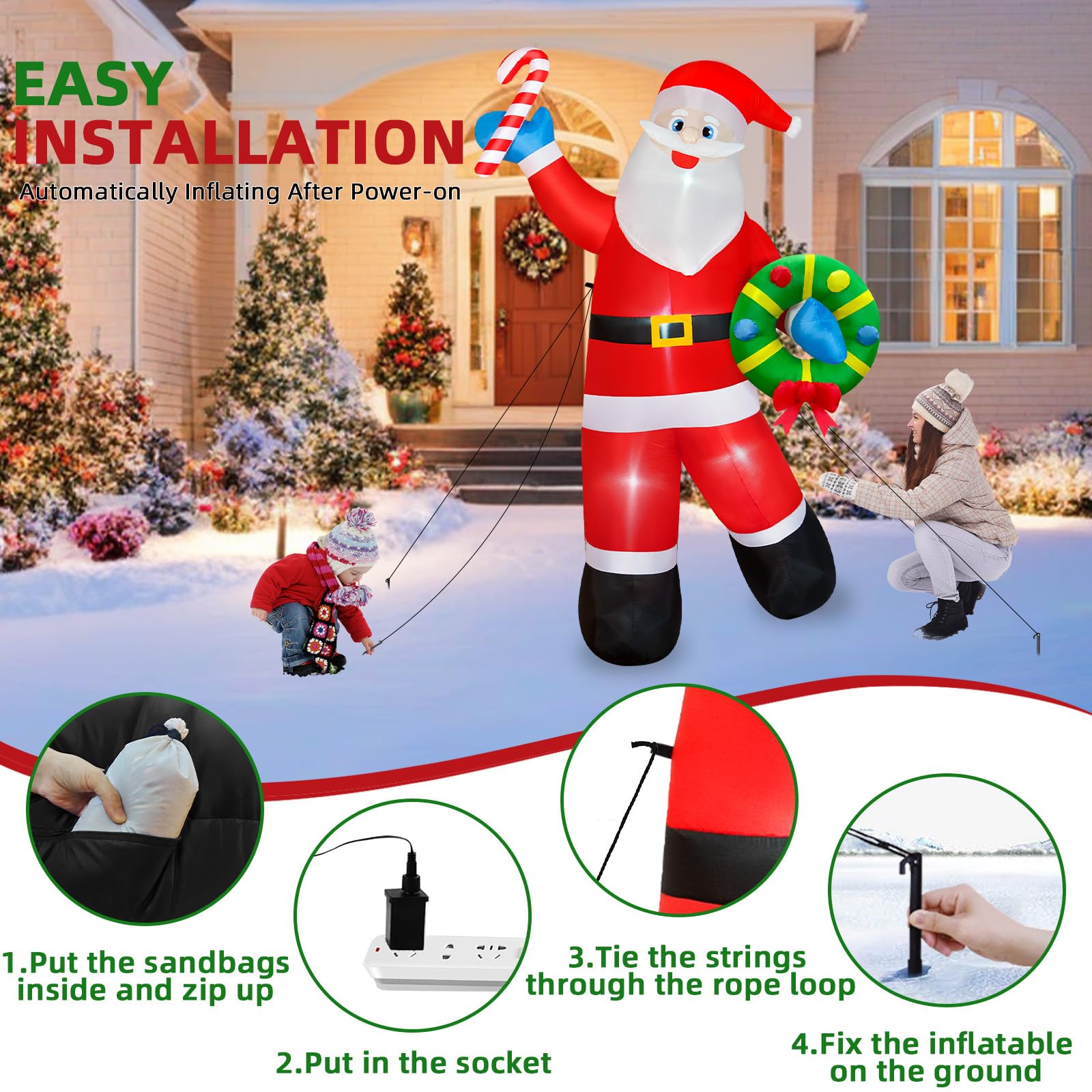 Père Noël gonflable de 2,4 m - Décorations d'extérieur - Père Noël gonflable tenant une guirlande de Noël - LED intégrées - Décoration de Noël pour Noël, vacances, jardin, pelouse