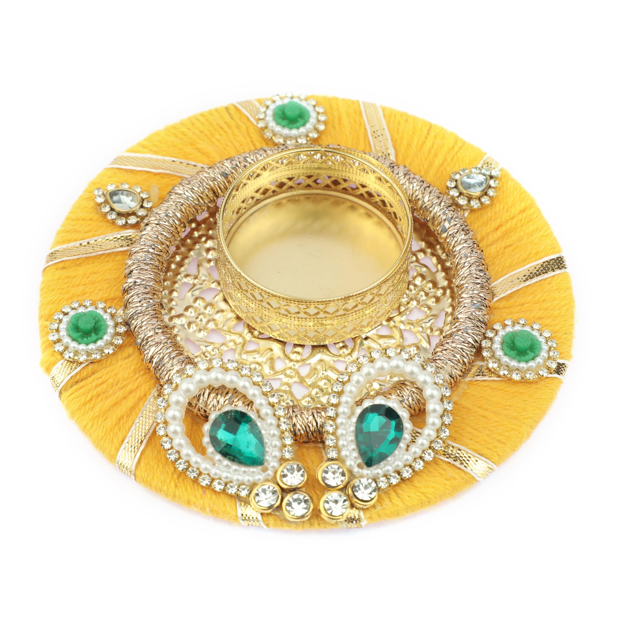 Decorative Mat Rangoli with T-Light candle Holder Stand for Indian Traditional Cultural Festival Diwali Decorations Made up of Golden Embrodaries for