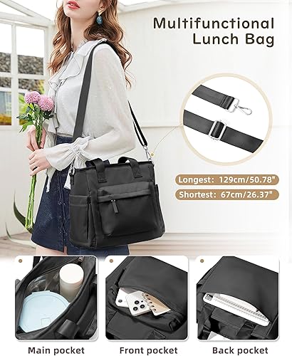Miniatura 3 de Lonchera negra para mujeres y hombres, bolsa de almuerzo aislada, bolsa de almuerzo grande para el trabajo, bolsas de almuerzo reutilizables, lindas