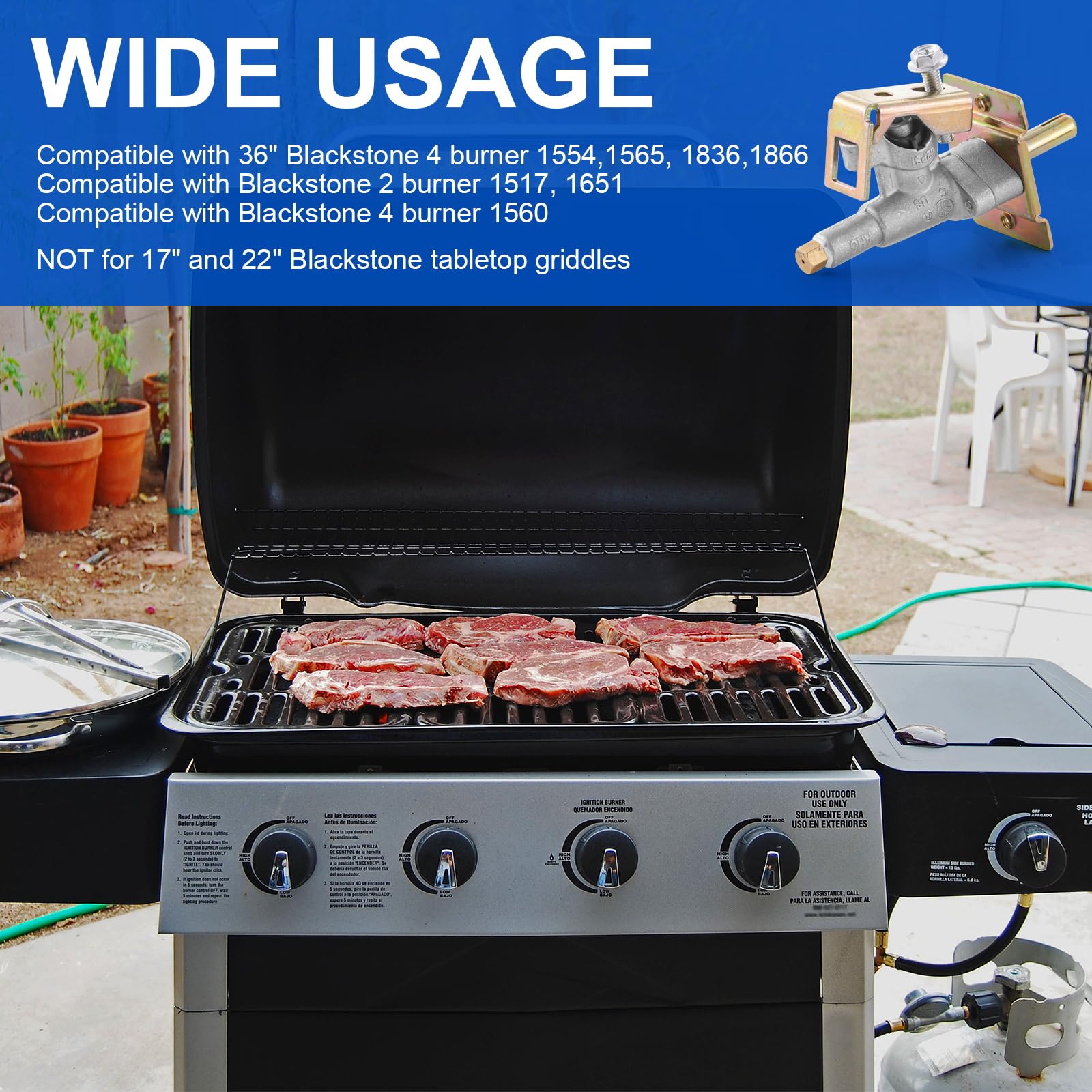 Valvola di controllo del bruciatore a gas della piastra di ricambio per griglia a gas Blackstone 36 '' 1554 1565 1836 1866 1560, morsetto per valvola a gas per barbecue a gas, confezione da 2