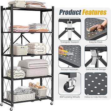 Fenbeli Foldable Shelf 5 Tier, No Assembly Collapsible Storage Shelves with Wheels & Hooks, Heavy Duty Metal Folding Rack, Portable Rolling Organizer for Kitchen Pantry Garage Small Spaces