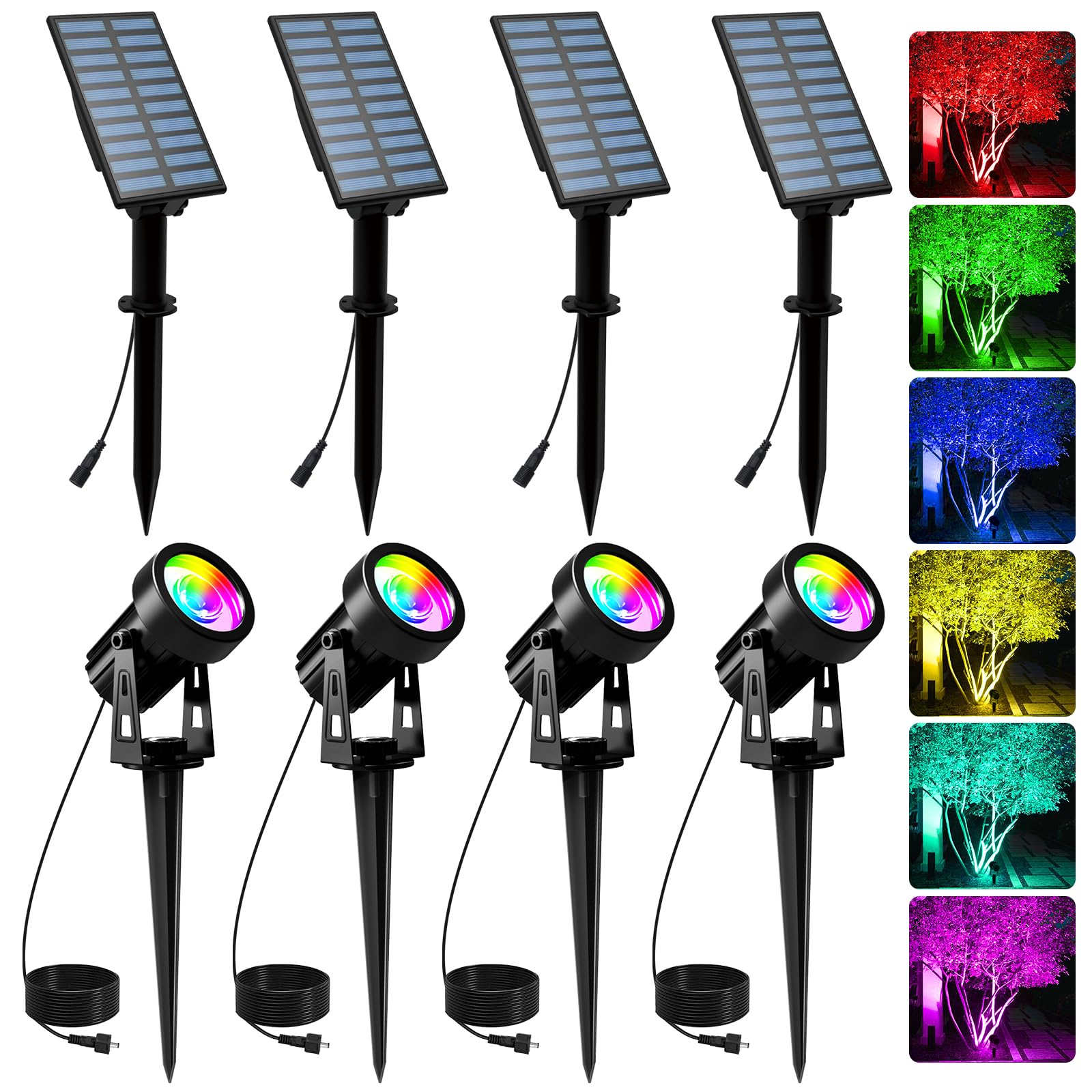 Lámpara LED Exterior Solare RGB, T-SUNUS Focos Solar Jardin Exterior con 6 Color Cambiantes, Impermeable IP65, Luz Solar Multicolor para Arboles Senderos Patio Paredes, 4 Piezas